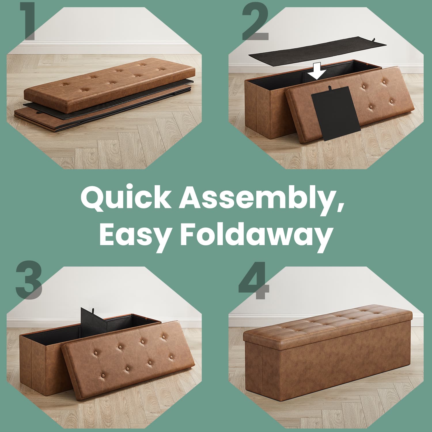 Foldable Ottoman Bench - Fabric - Brown - 300 kg Capacity with Storage