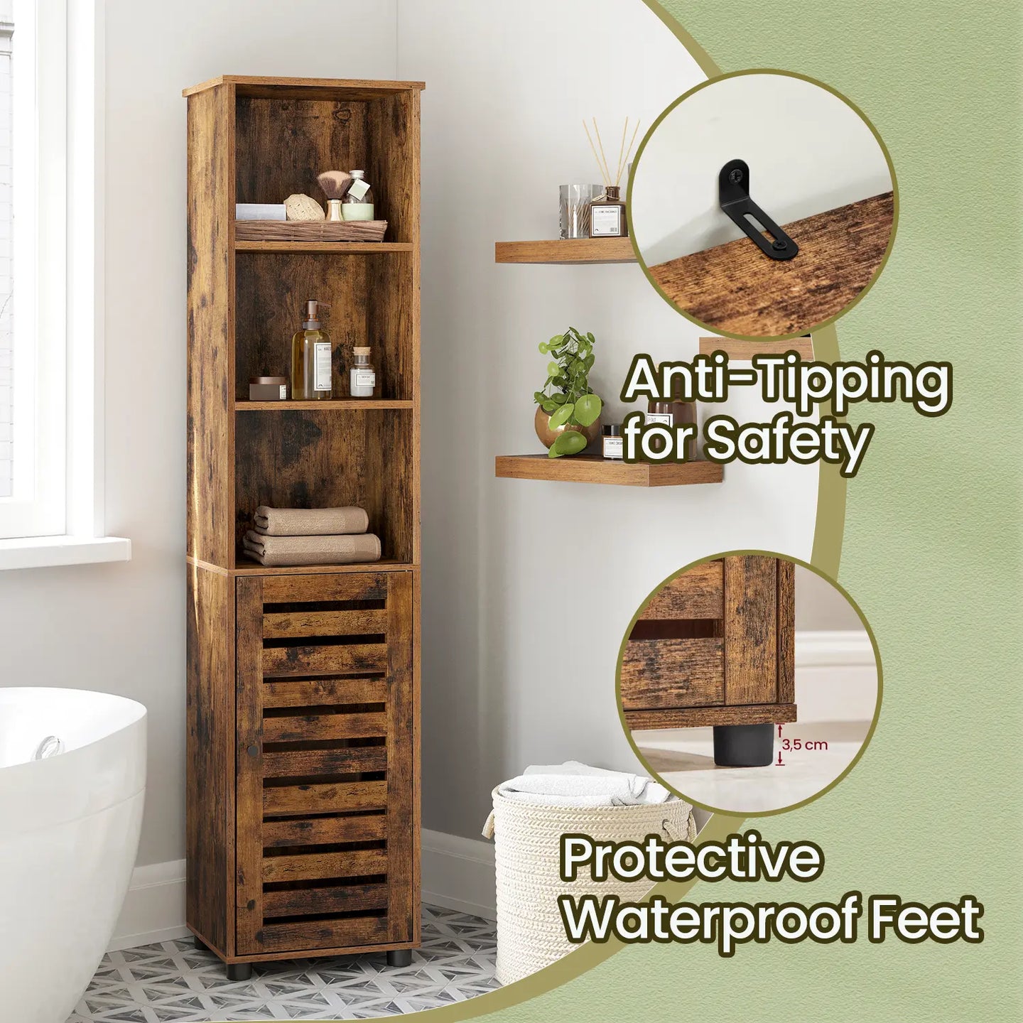 Tall Bathroom Storage Cabinet - Engineered Wood - Rustic Brown - Freestanding with Open and Adjustable Shelves