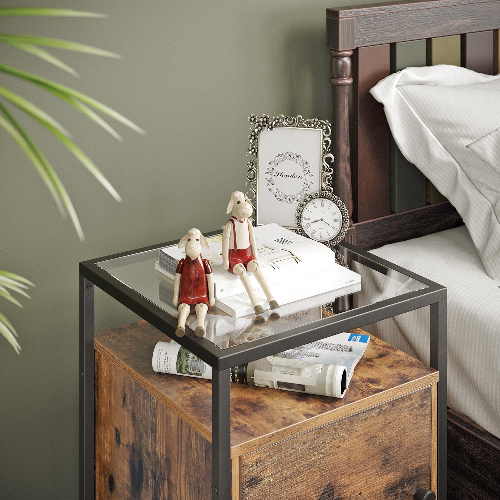 Side Table - Tempered Glass - Rustic Brown