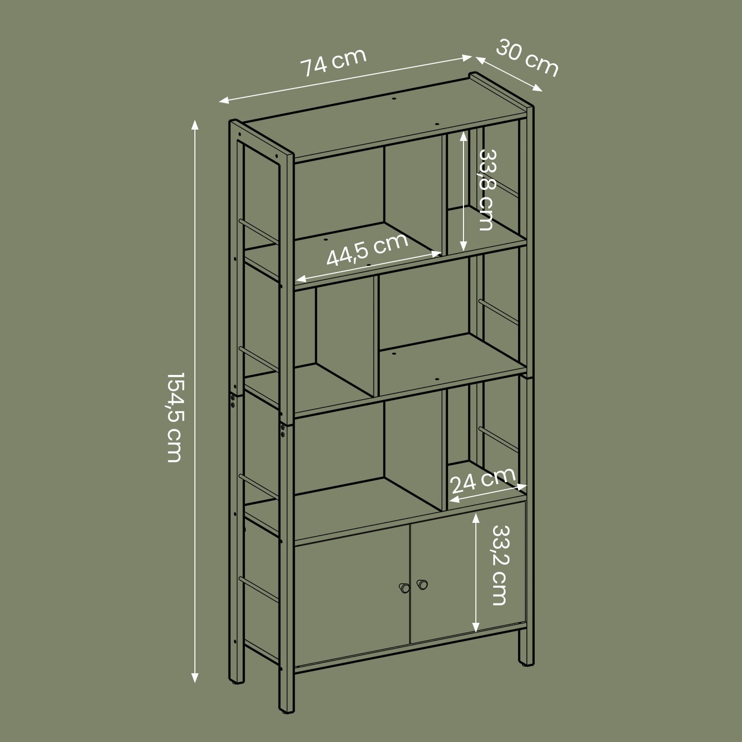 Large Bookcase - Wood - Camel Brown - With Doors and Tall Legs