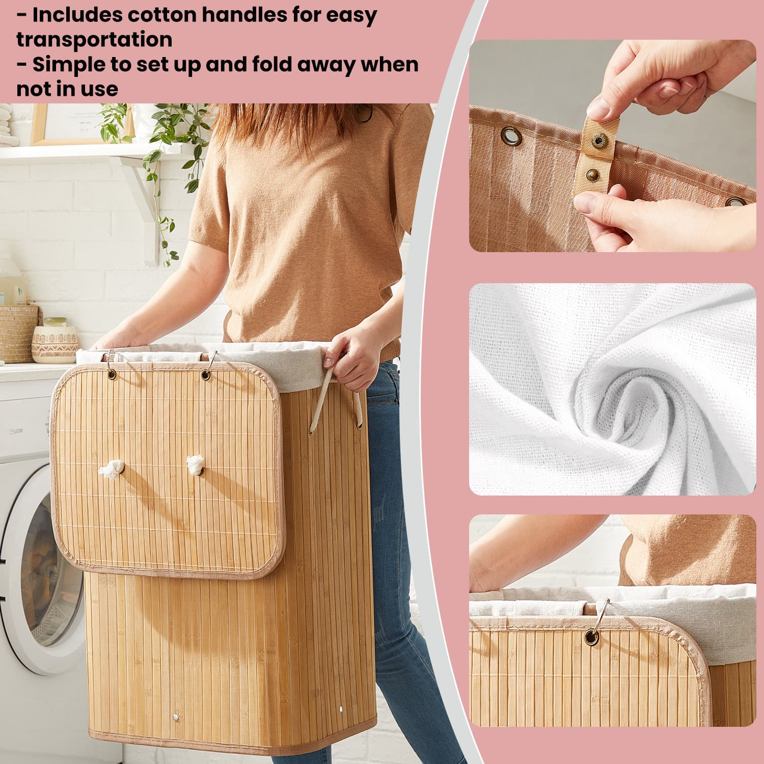 Foldable Laundry Hamper - Bamboo - Natural - 72 L Capacity with Lid and 3 Handles