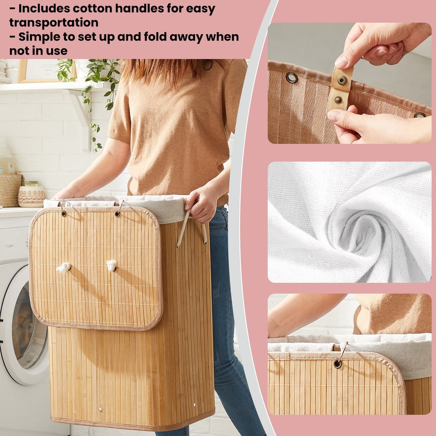 Foldable Laundry Hamper - Bamboo - Natural - 72 L Capacity with Lid and 3 Handles