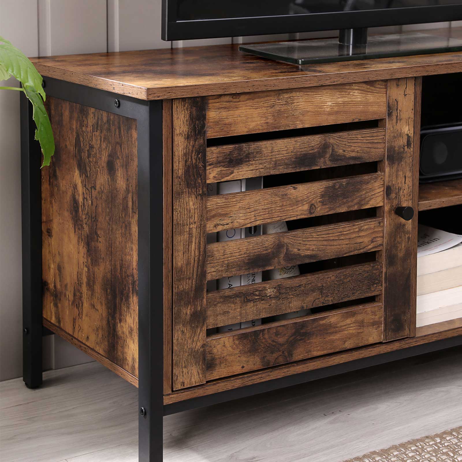 TV Cabinet - Wood - Rustic Brown and Black - Louvred Door with 2 Shelves