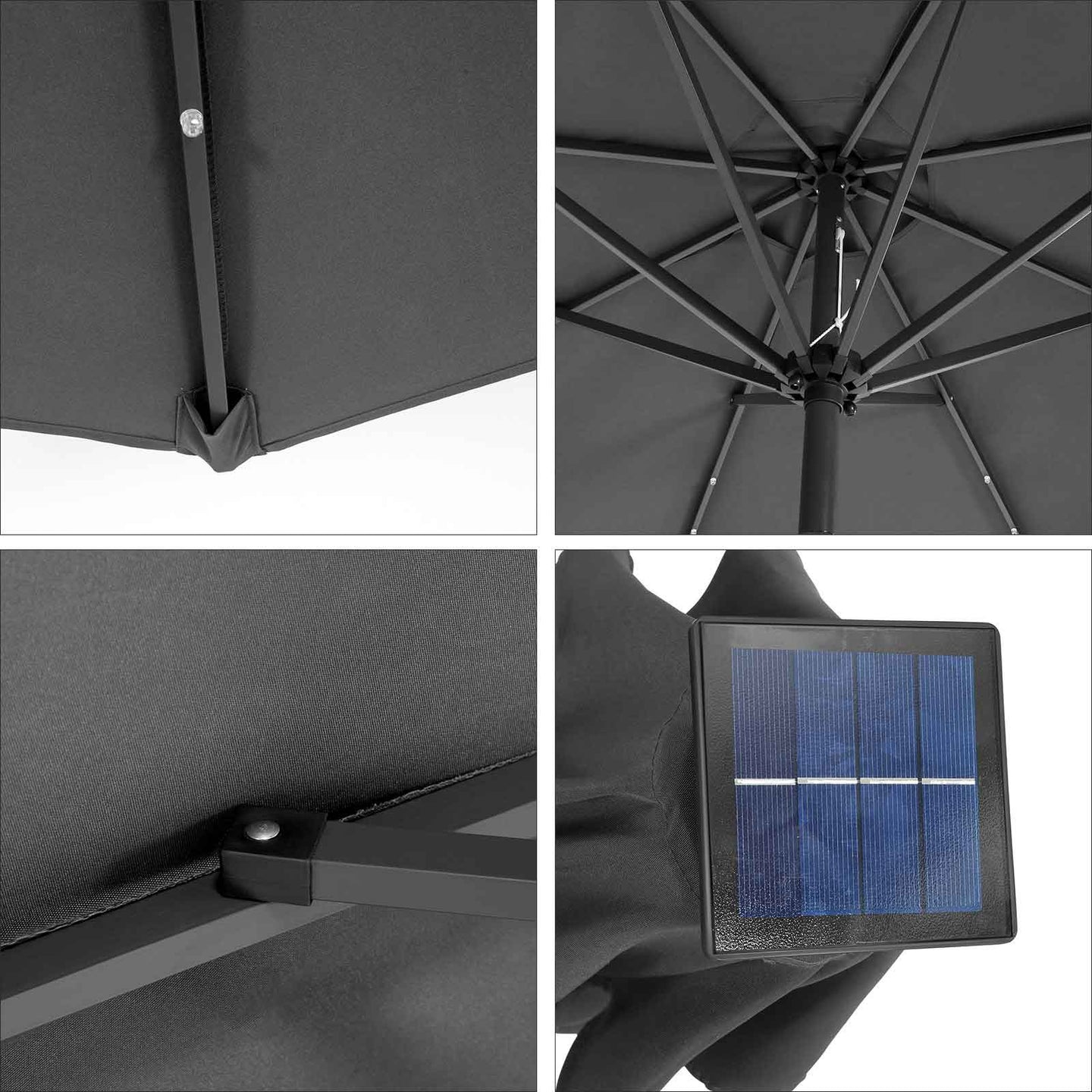 Large Patio Sun Umbrella - Fabric - Grey - Solar-Powered LED Lights
