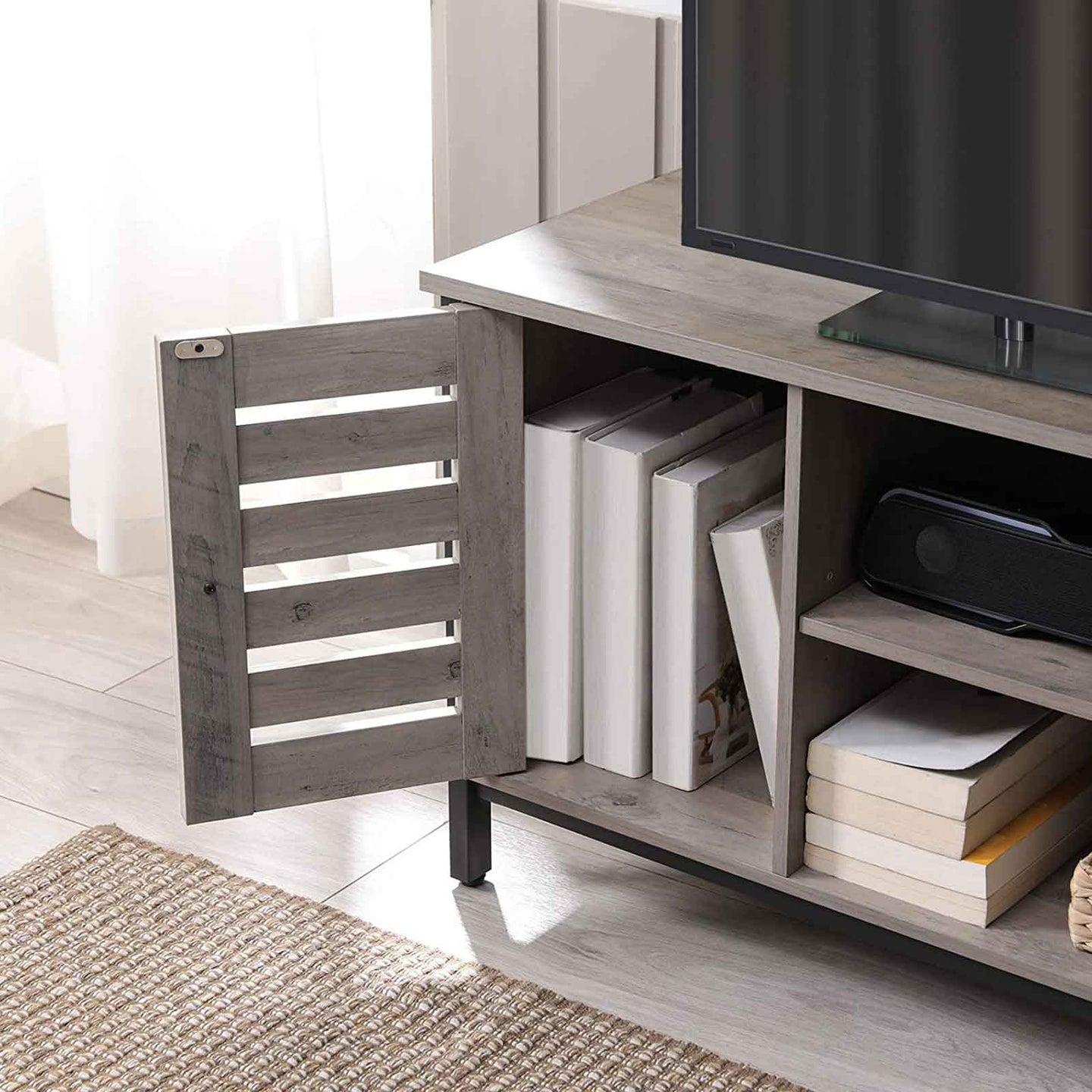 TV Console Unit - Wood - Rustic Brown - Louvered Doors