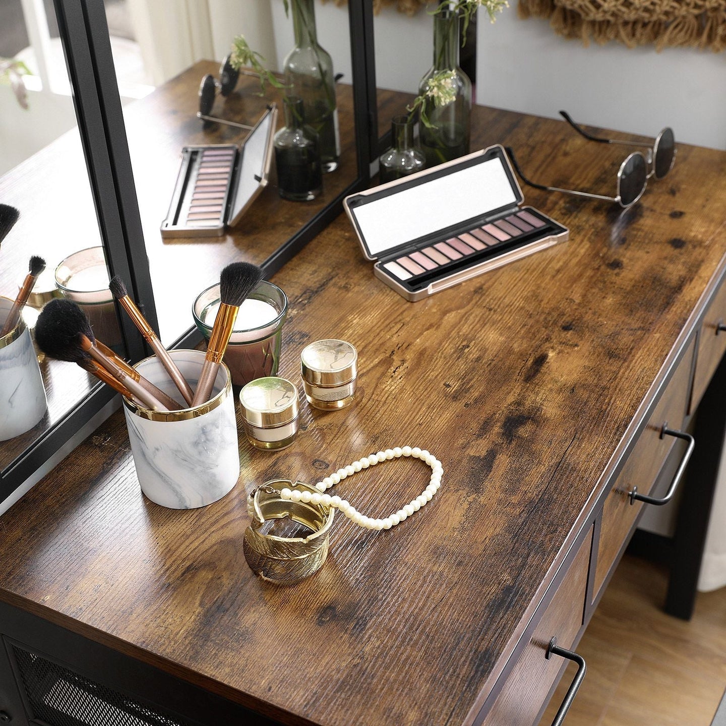 Vanity Table Set - Steel Frame - Rustic Brown and Black - Tri-Fold Mirror