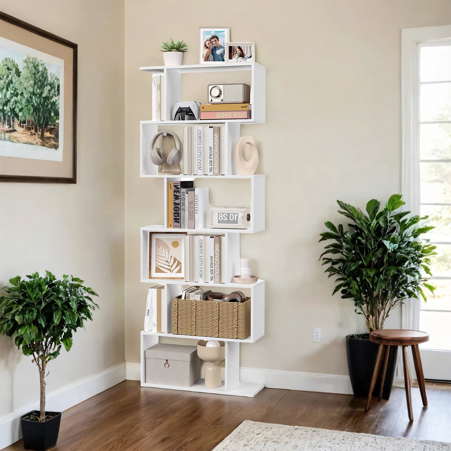 6-Tier Bookshelf - Wood - White - Freestanding Room Divider