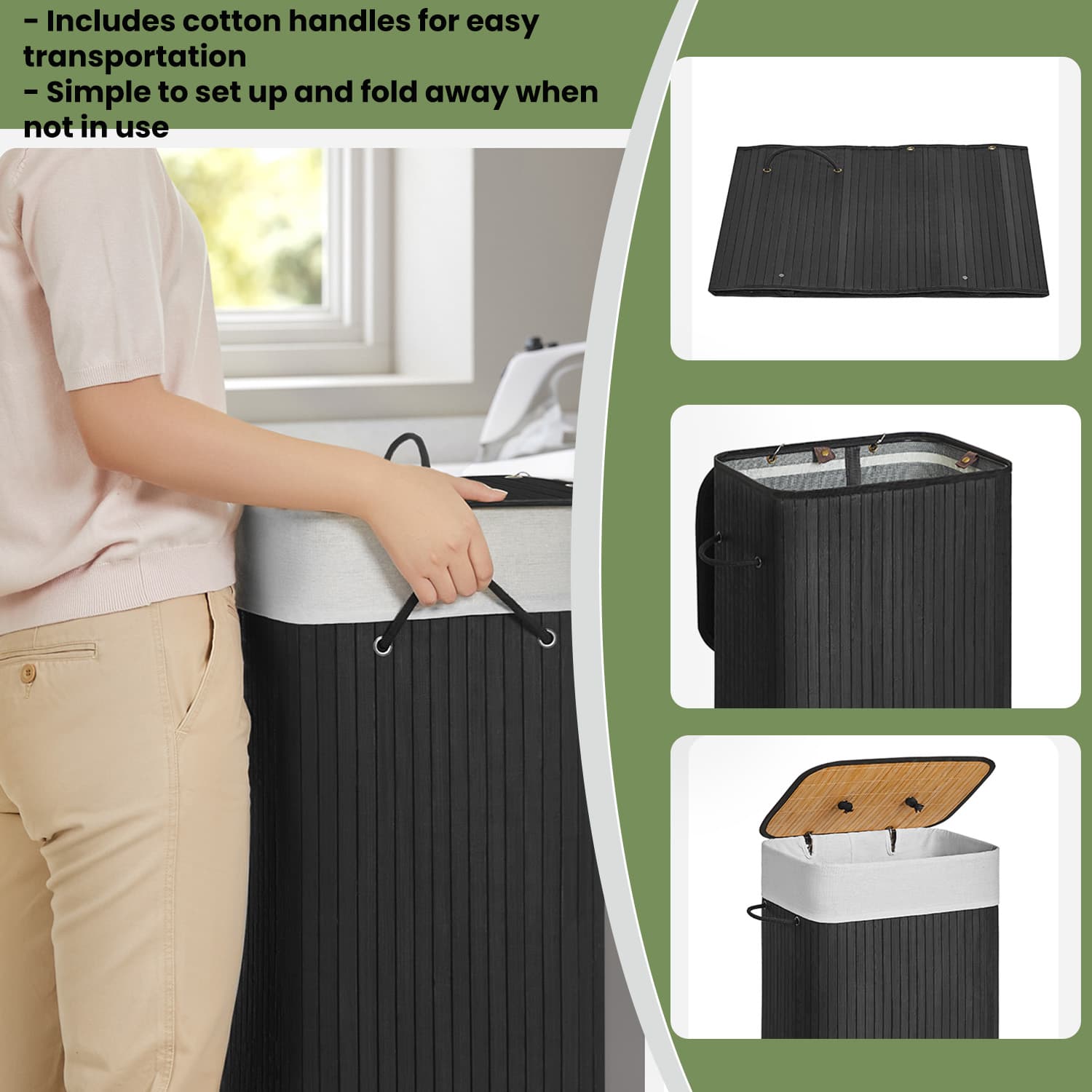 Foldable Laundry Hamper - Bamboo - Natural - 72 L Capacity with Lid and 3 Handles