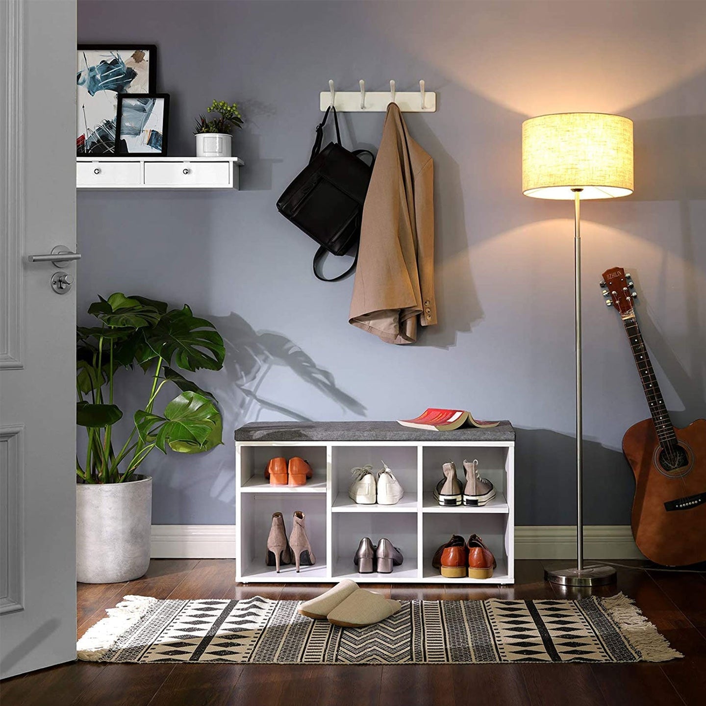Shoe Bench - Engineered Wood - White - 6 Compartments with 3 Adjustable Shelves