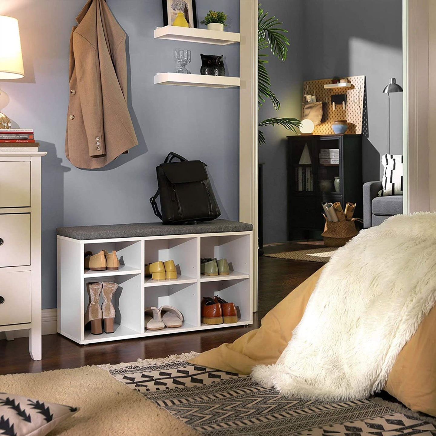 Shoe Bench - Engineered Wood - White - 6 Compartments with 3 Adjustable Shelves