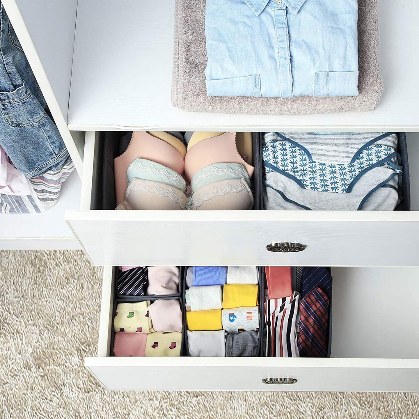 Drawer Organisers - Fabric - Pink - Set of 6 Foldable Containers for Underwear and Accessories
