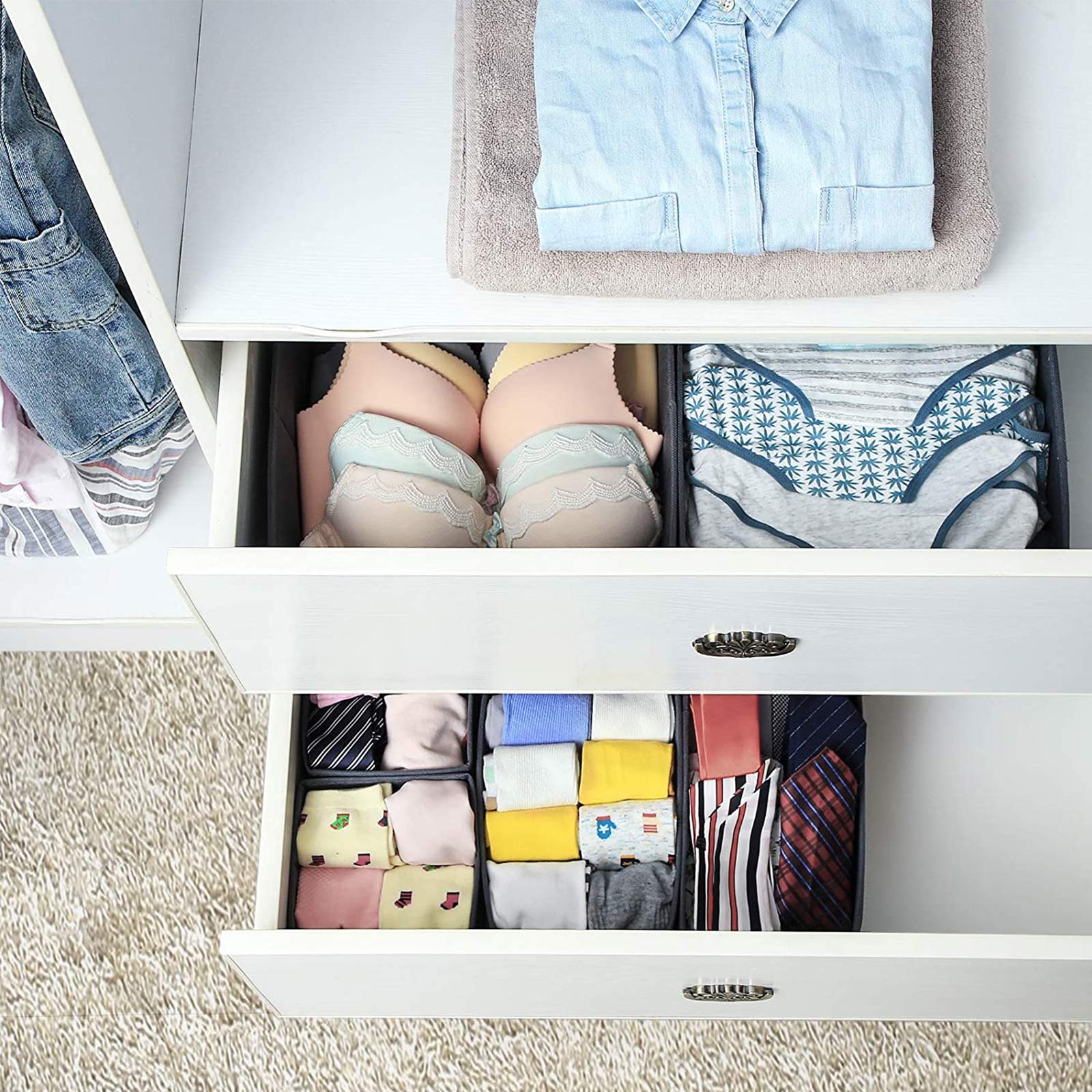 Drawer Organisers - Fabric - Pink - Set of 6 Foldable Containers for Underwear and Accessories