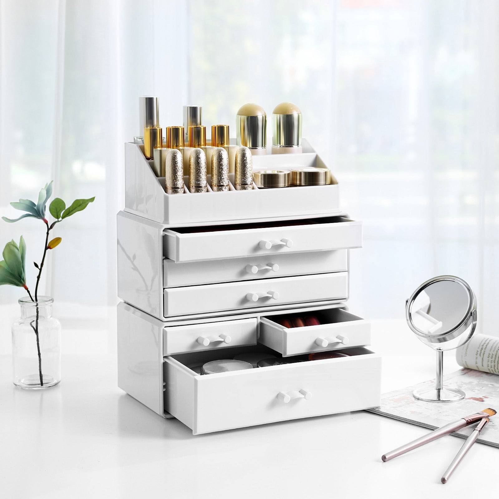 Makeup Organizer - Clear Acrylic - Transparent - Stackable with 6 Drawers