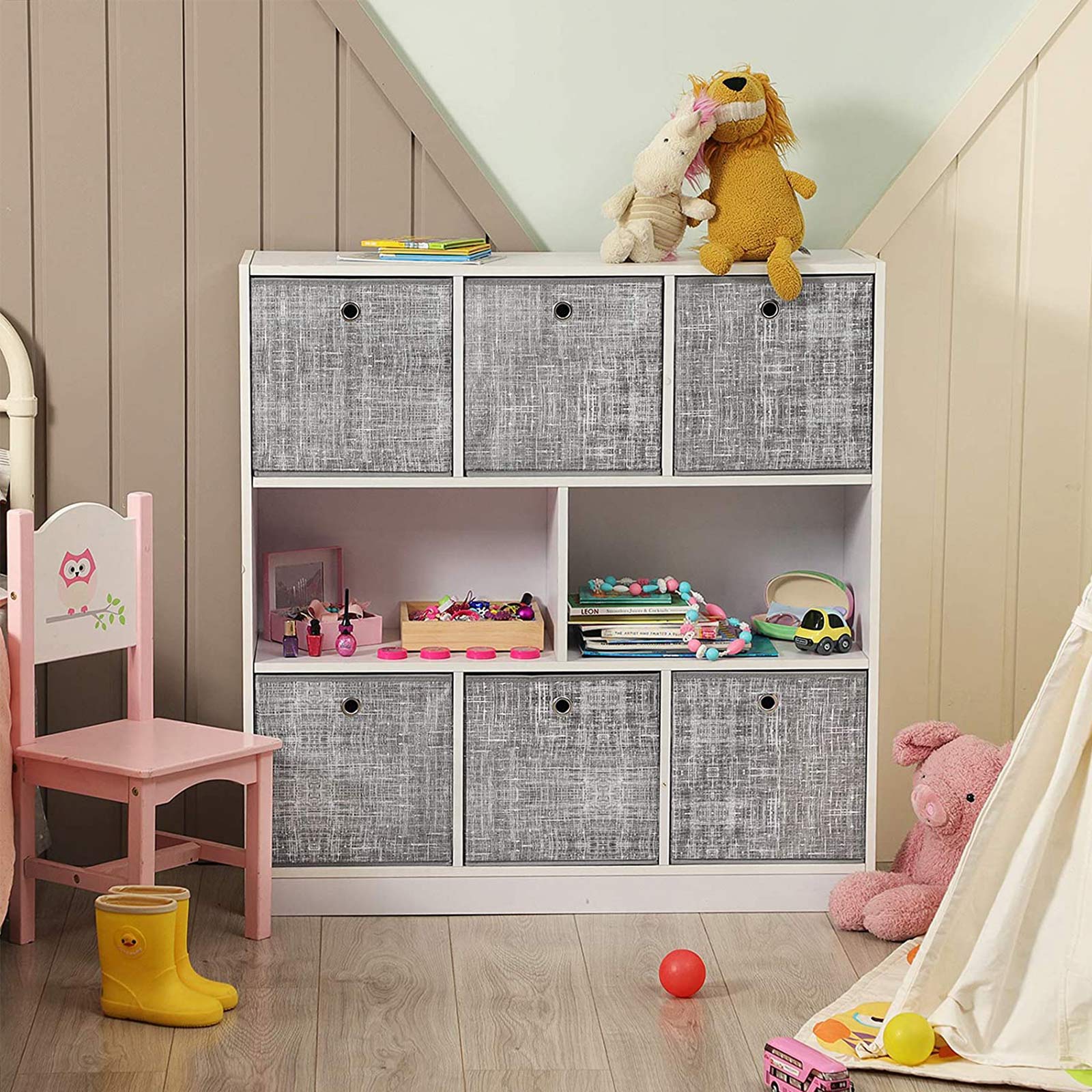 Set of 6 Fabric Foldable Storage Organizer Cubes - 30 x 30 x 30 cm - Grey - With Fingerhole