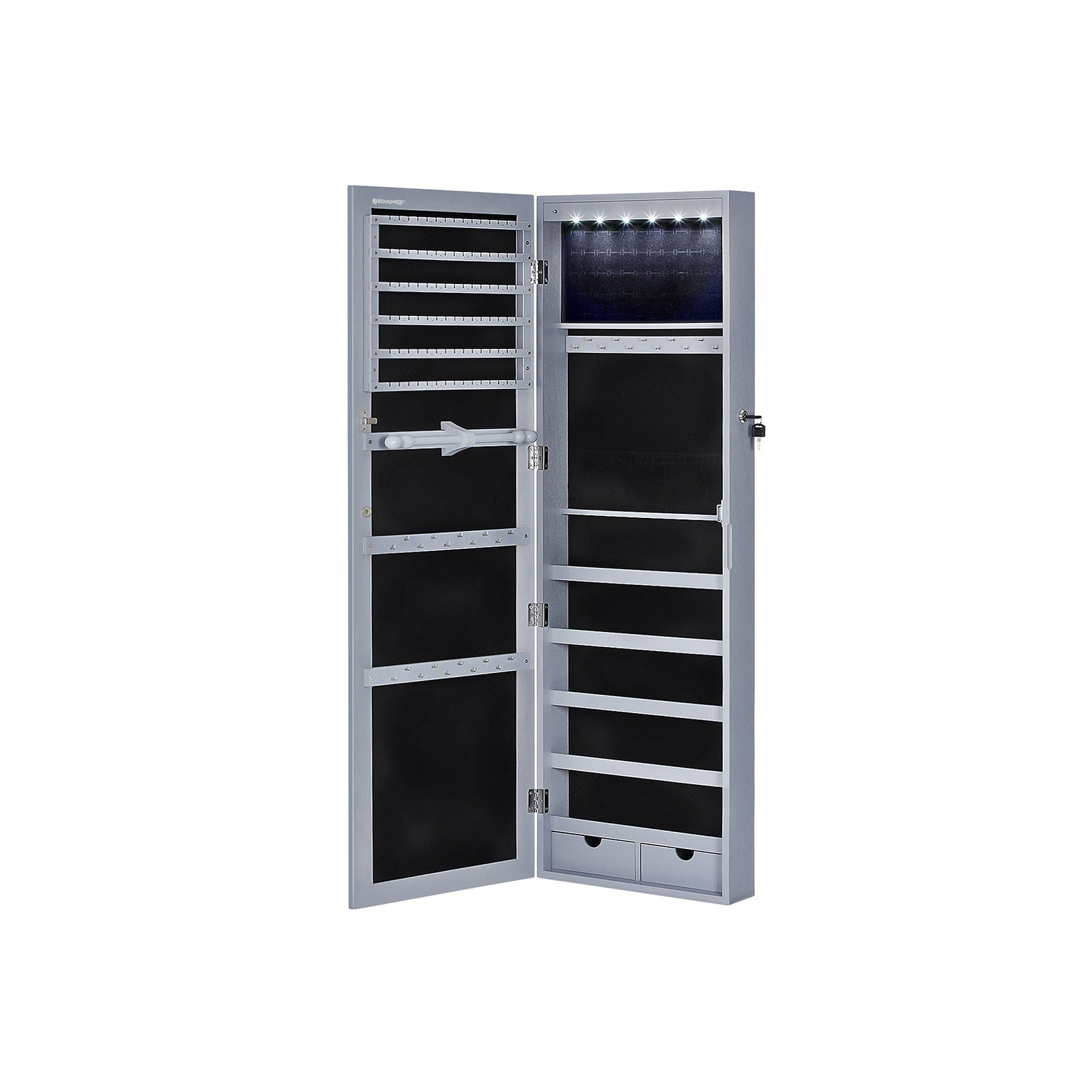 Jewelry Armoire - Wood - Grey - Lockable Wall-Mounted with Mirror and 6 LEDs