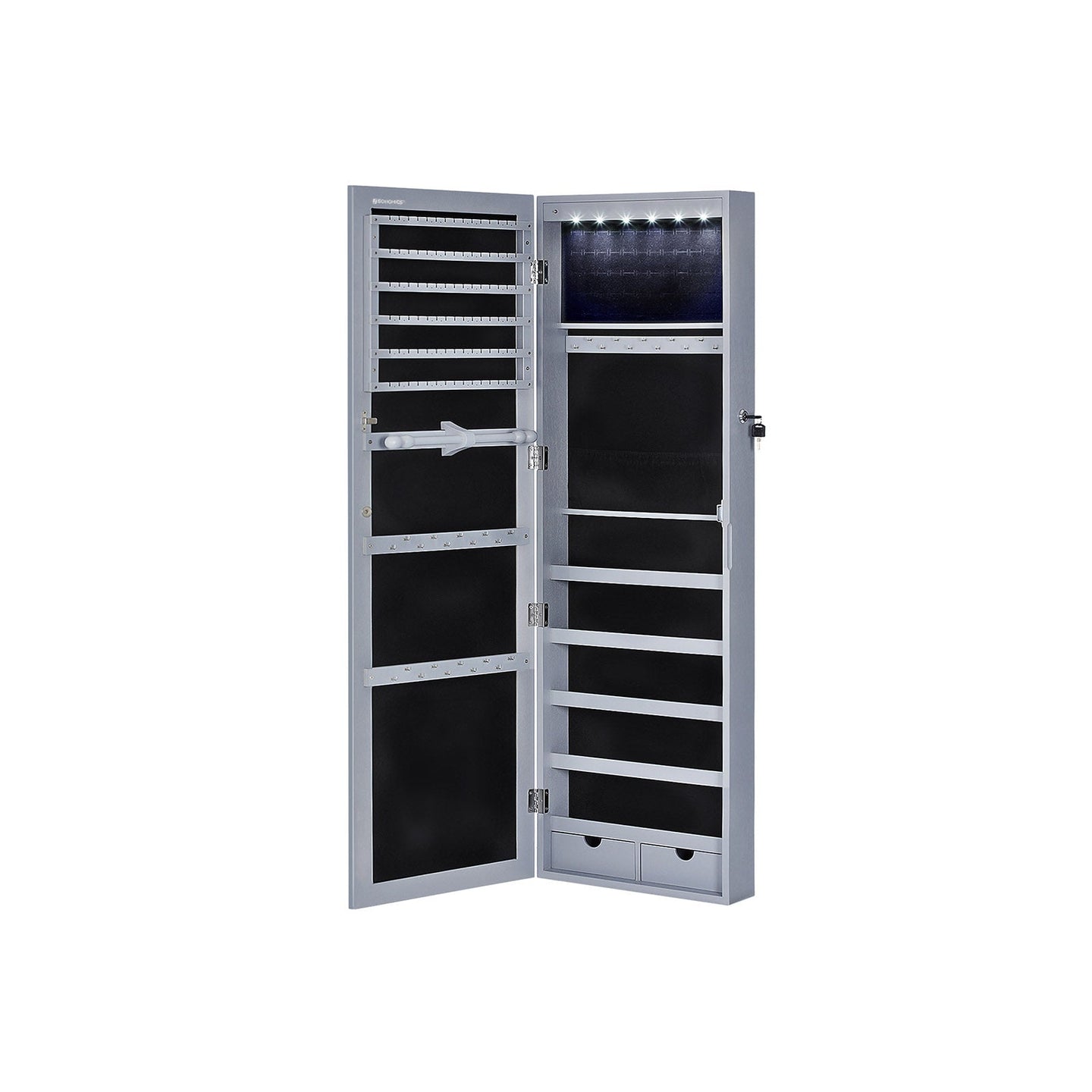 Jewelry Armoire - Wood - Grey - Lockable Wall-Mounted with Mirror and 6 LEDs