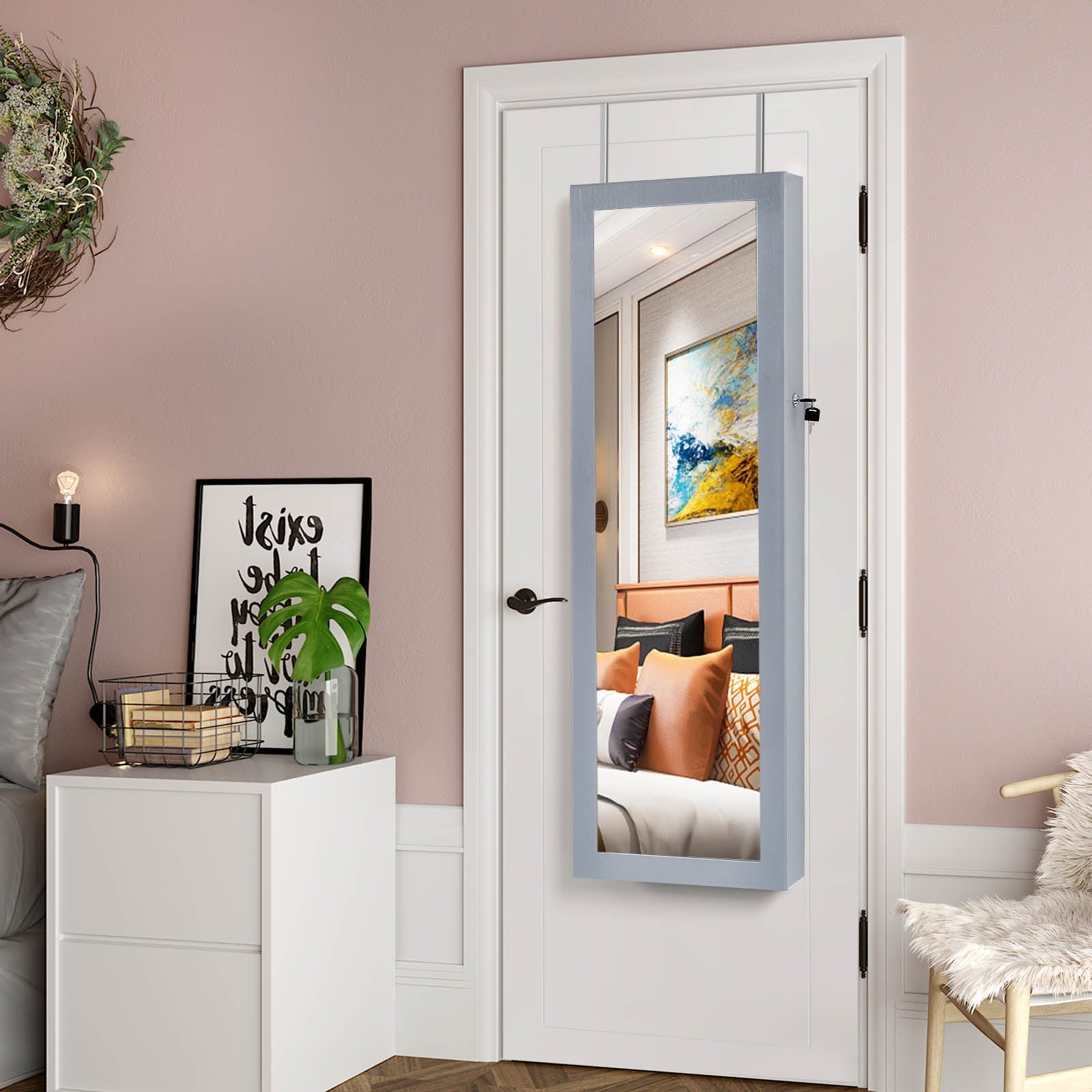 Jewelry Armoire - Wood - Grey - Lockable Wall-Mounted with Mirror and 6 LEDs