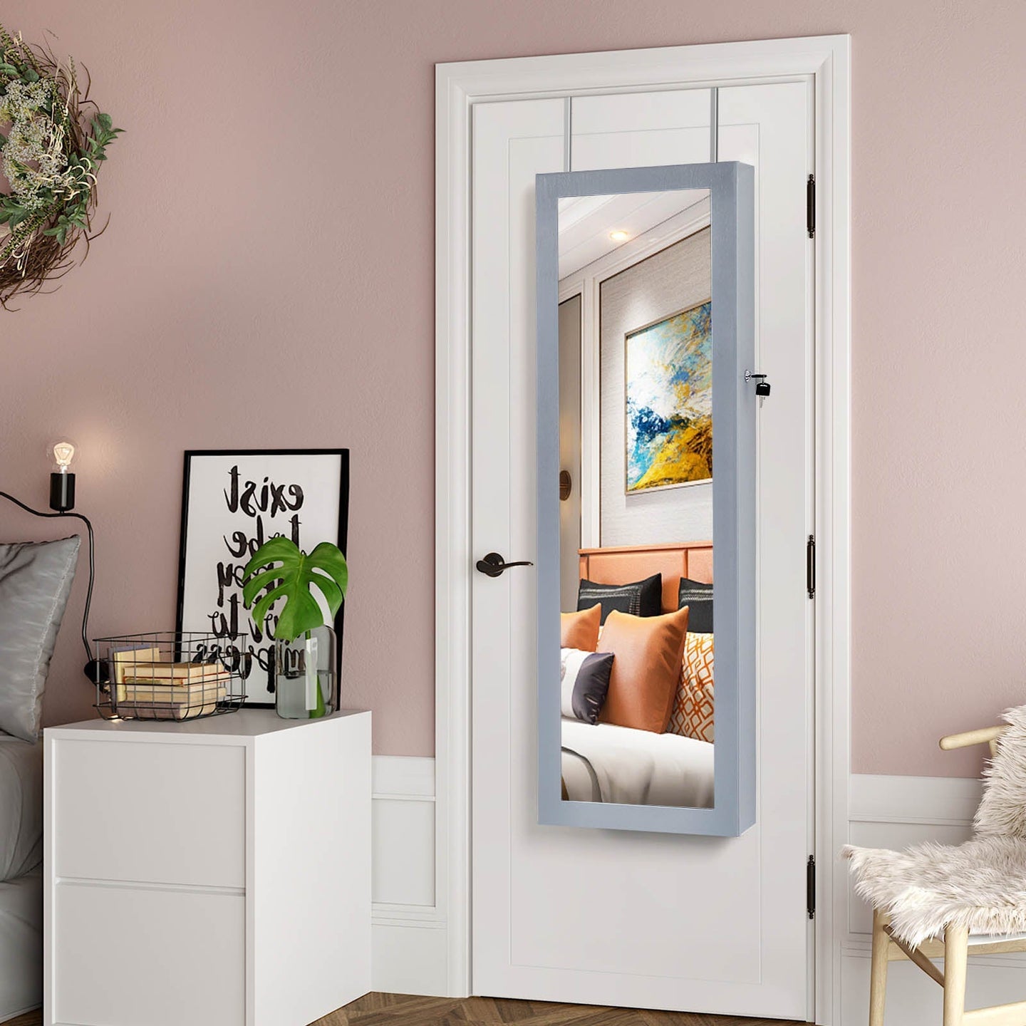Jewelry Armoire - Wood - Grey - Lockable Wall-Mounted with Mirror and 6 LEDs