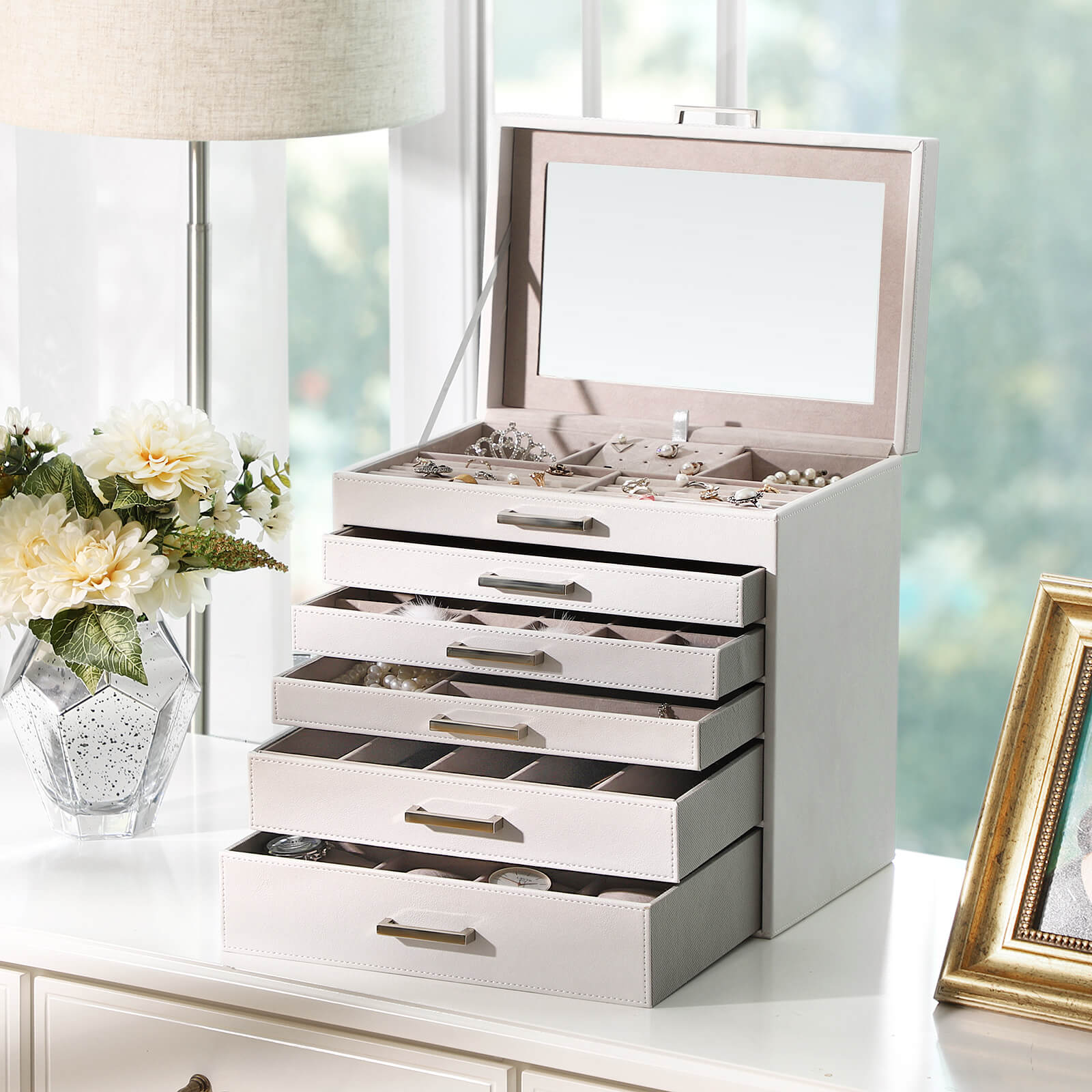 Jewellery Box - Wood - White - 6 Layers with 5 Drawers