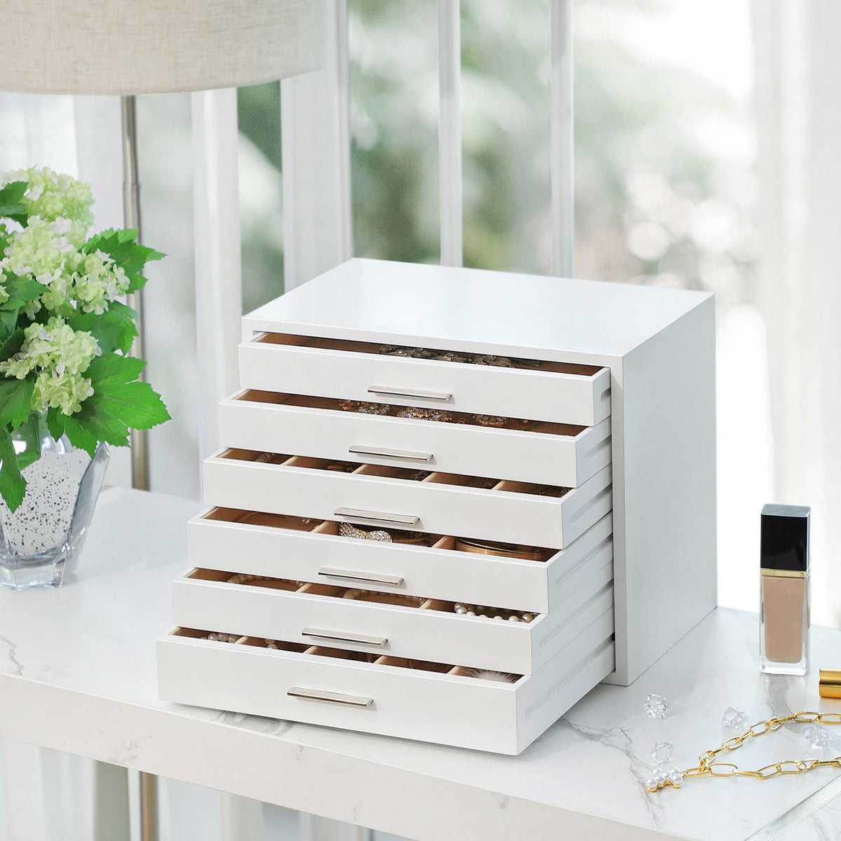 6-Layer Wooden Jewellery Box - White - Organiser for Necklaces