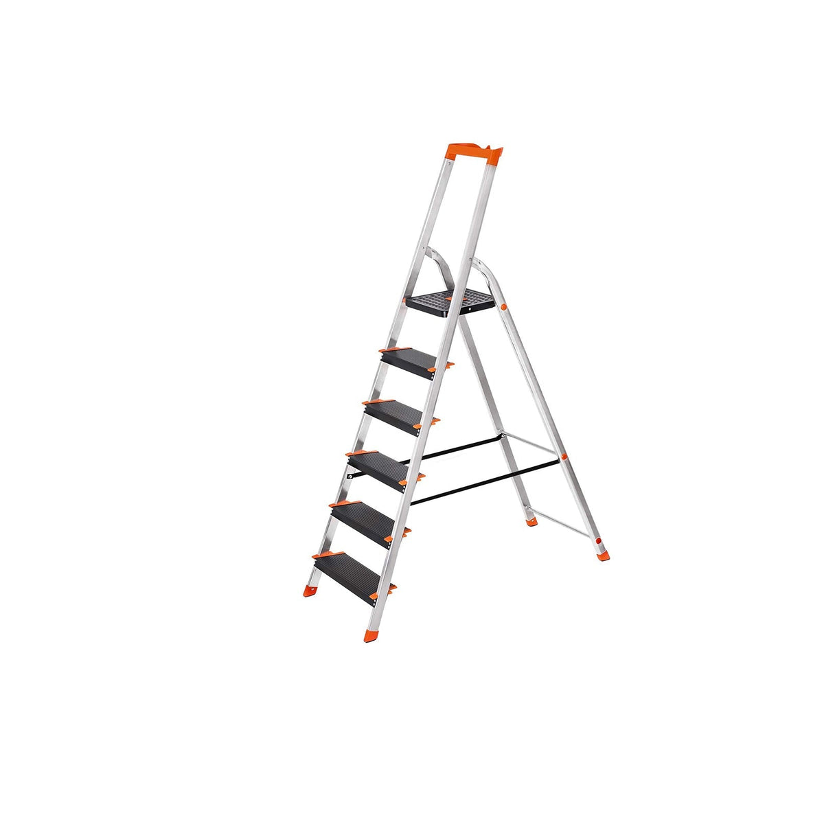 6 Steps Ladder - Aluminium - Black - Folding Design with Tool Tray and Anti-Slip Feet