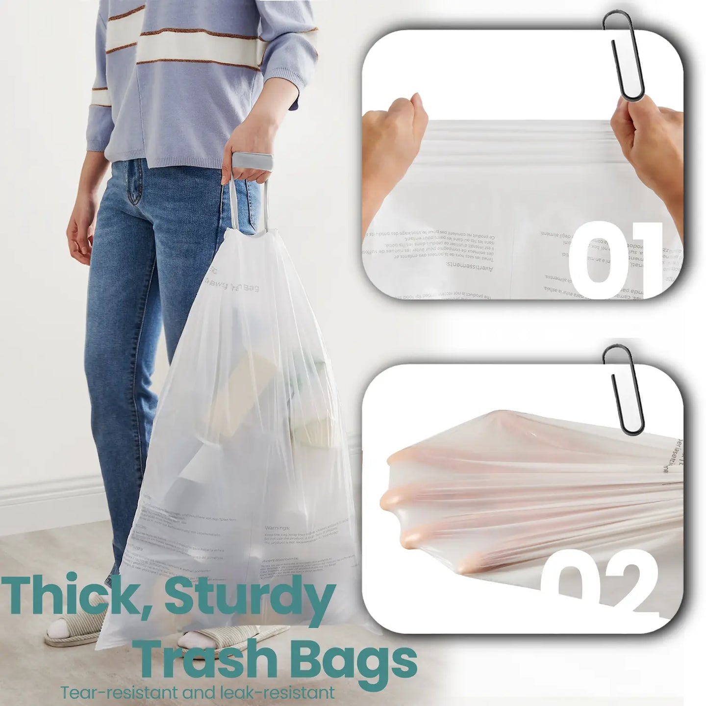 Heavy-Duty Drawstring Trash Bags - Plastic - White - 180-Piece for 8-Gallon Kitchen Waste