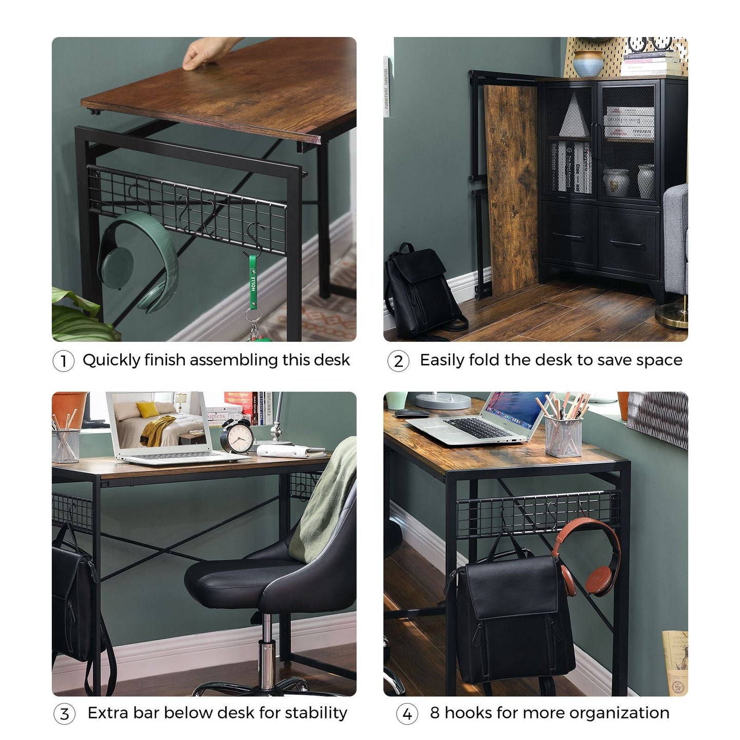 Folding Writing Desk - Wood - Rustic Brown and Black - 8 Hooks