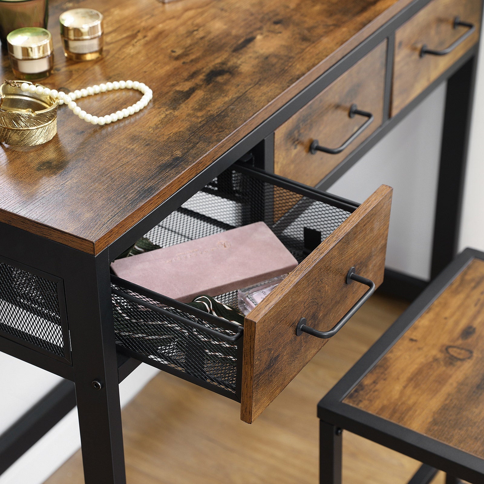 Vanity Table Set - Steel Frame - Rustic Brown and Black - Tri-Fold Mirror