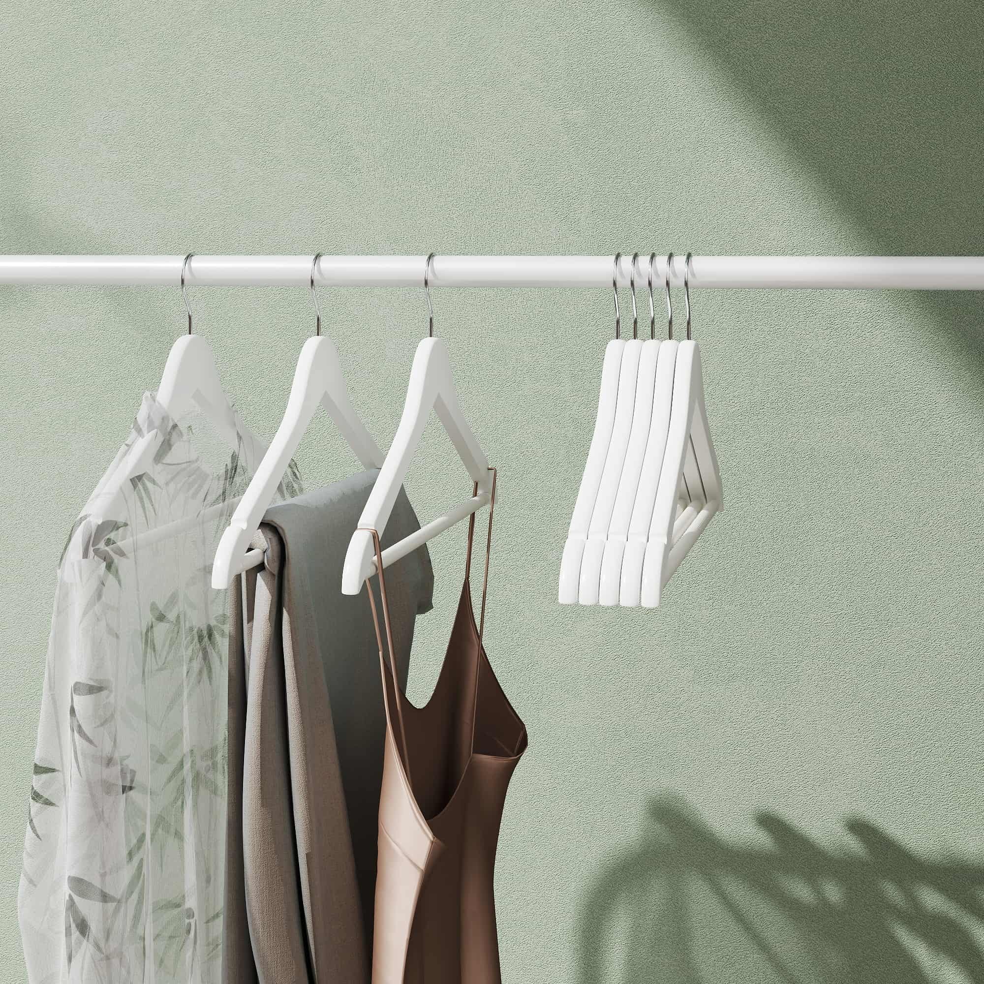 Coat Hangers - Wood - White and Silver - Set of 20 with Shoulder Notches and Anti-Slip Trousers Bar