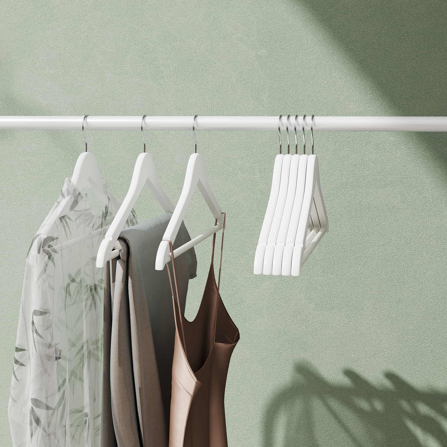Coat Hangers - Wood - White and Silver - Set of 20 with Shoulder Notches and Anti-Slip Trousers Bar