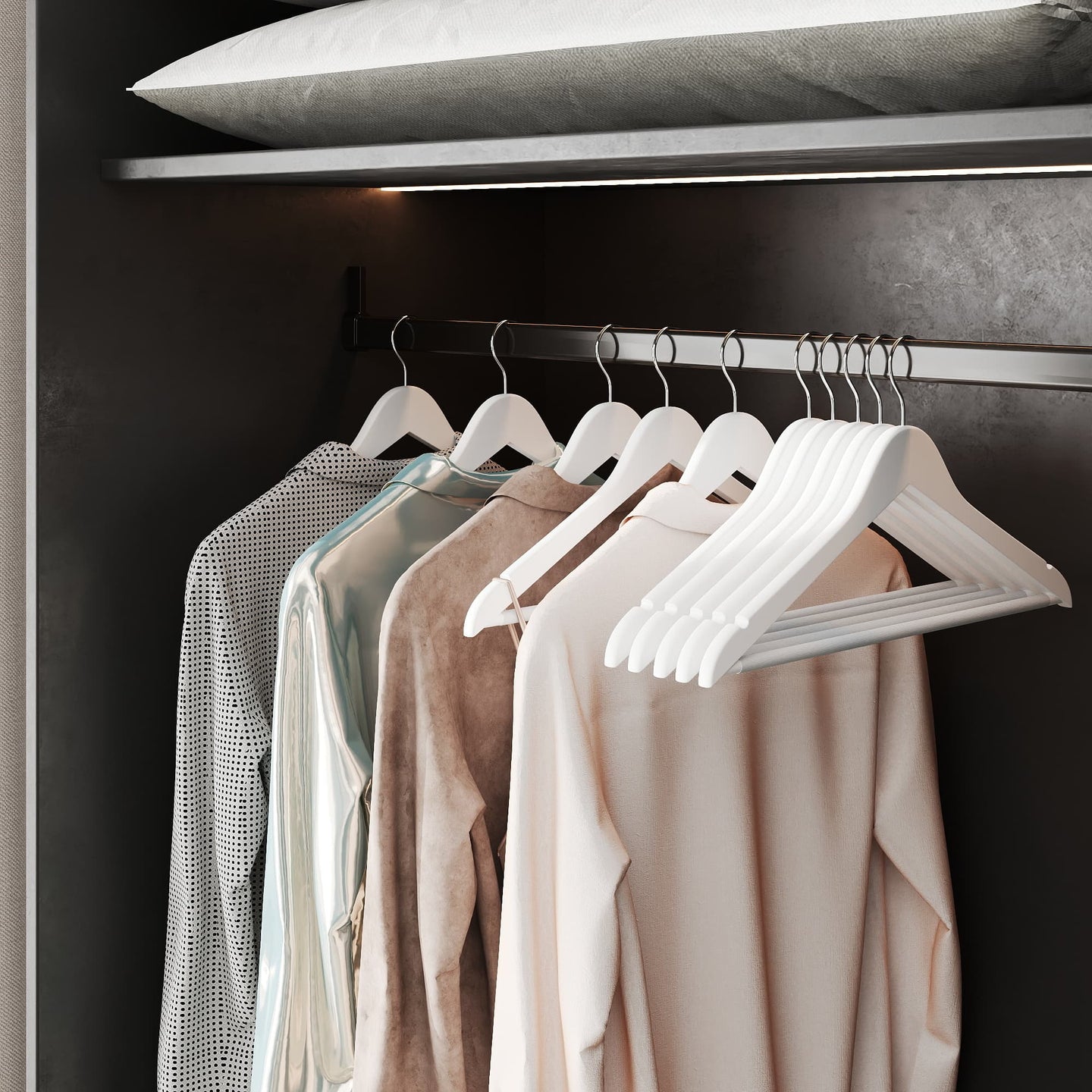 Coat Hangers - Wood - White and Silver - Set of 20 with Shoulder Notches and Anti-Slip Trousers Bar