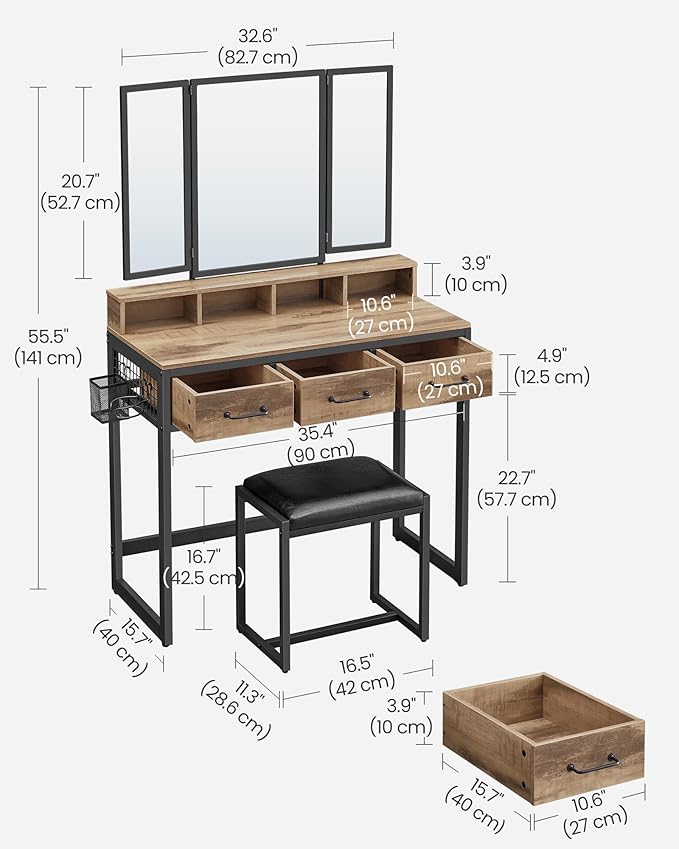 Dressing Table - Wood - Tri-Fold Mirror