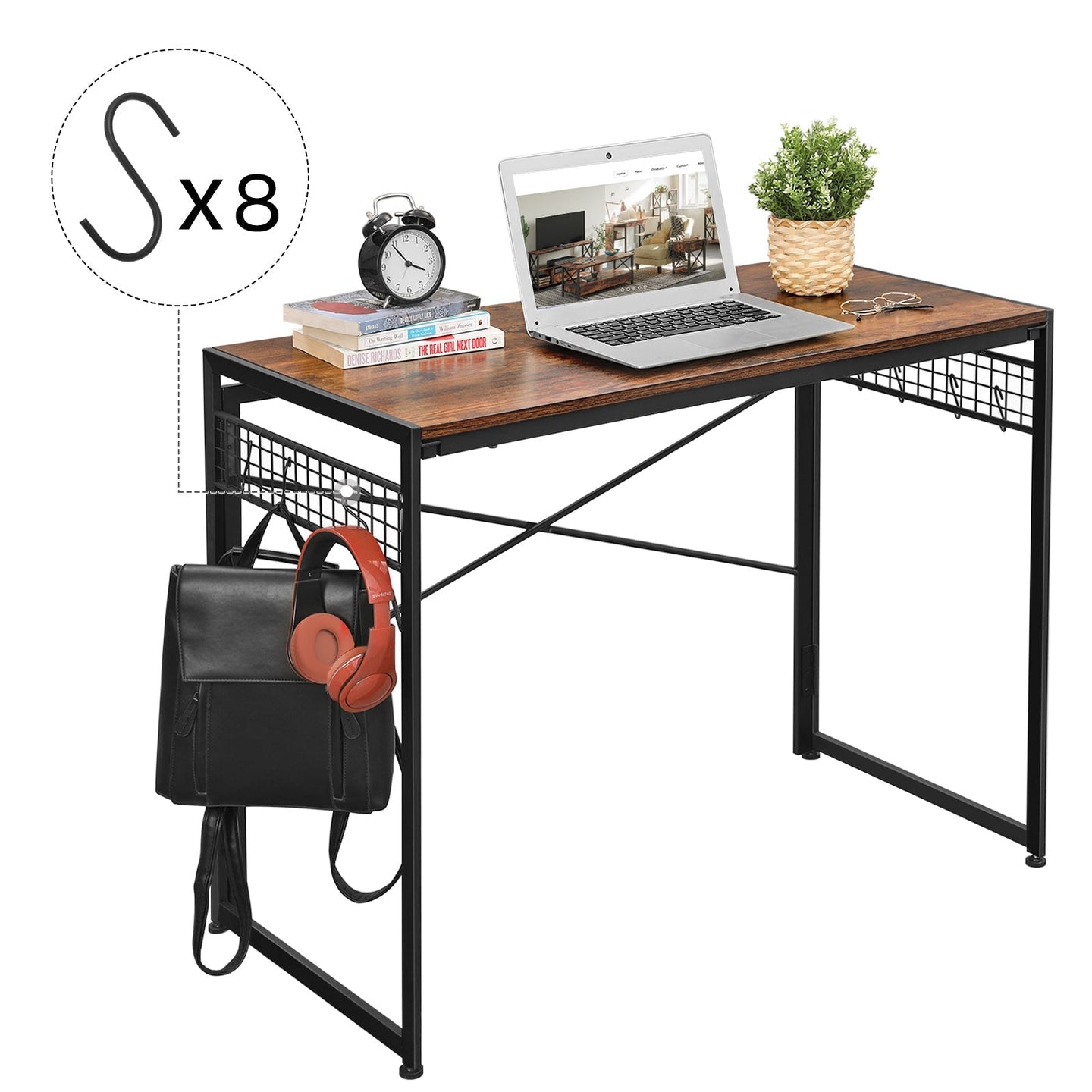 Folding Writing Desk - Wood - Rustic Brown and Black - 8 Hooks