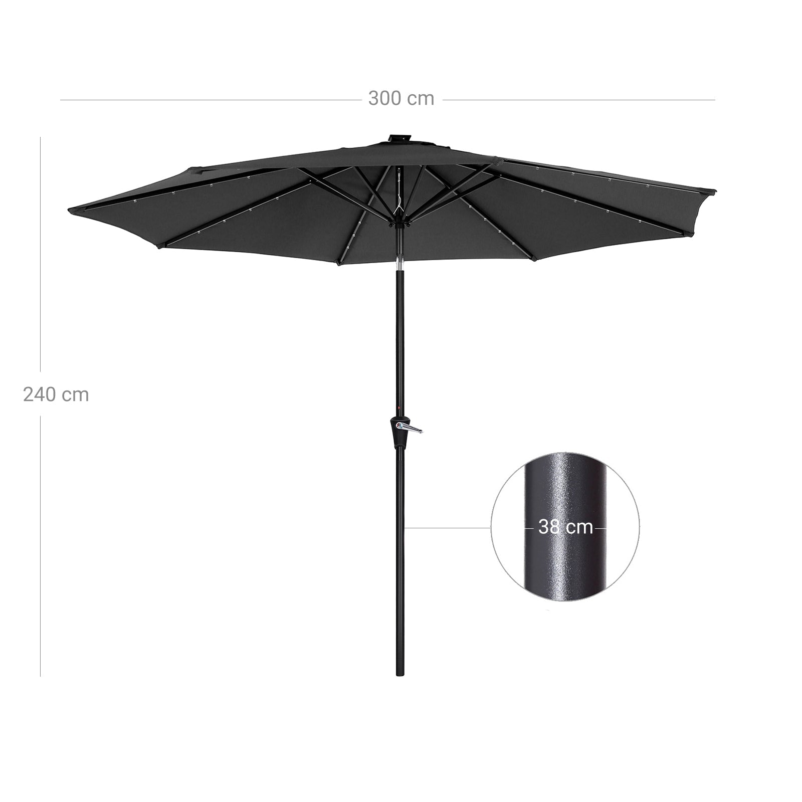 Large Patio Sun Umbrella - Fabric - Grey - Solar-Powered LED Lights