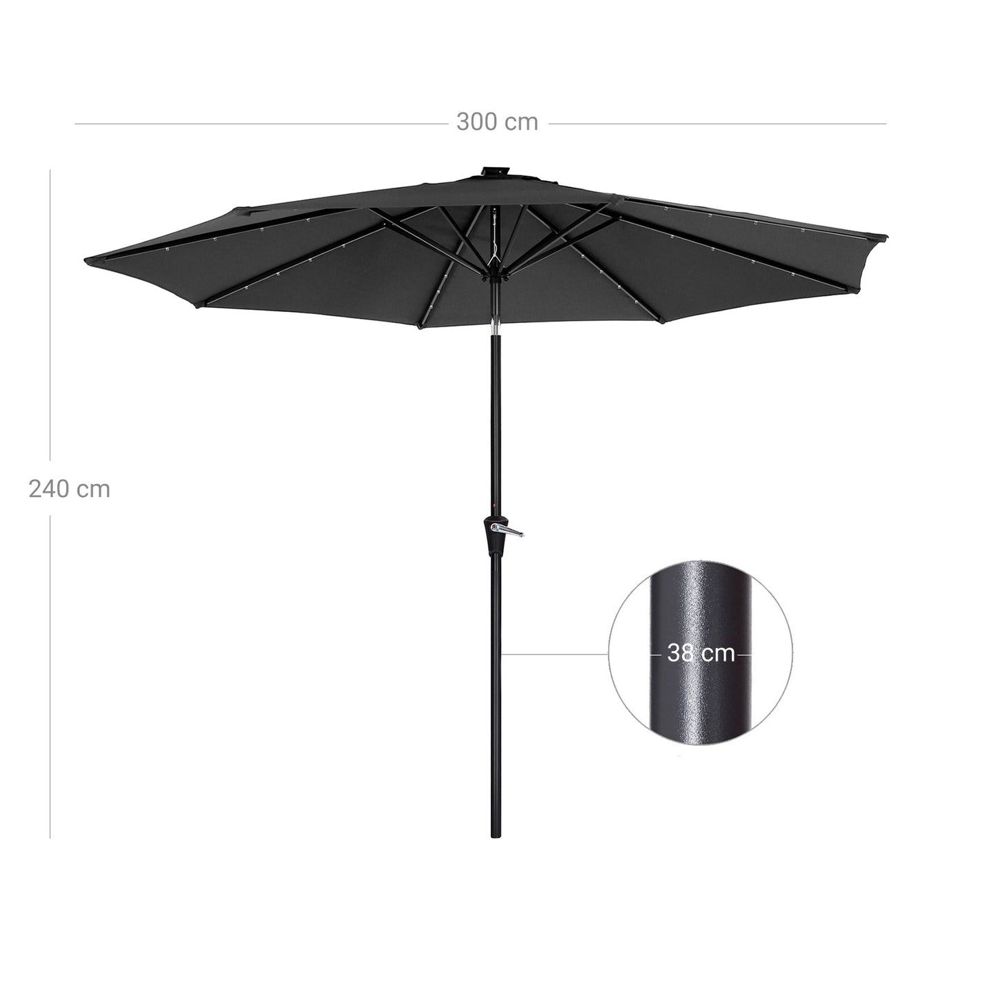 Large Patio Sun Umbrella - Fabric - Grey - Solar-Powered LED Lights
