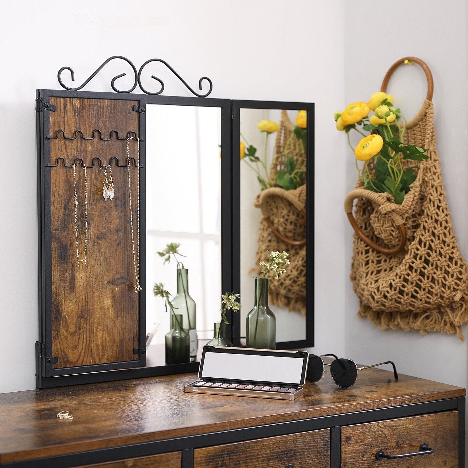 Vanity Table Set - Steel Frame - Rustic Brown and Black - Tri-Fold Mirror