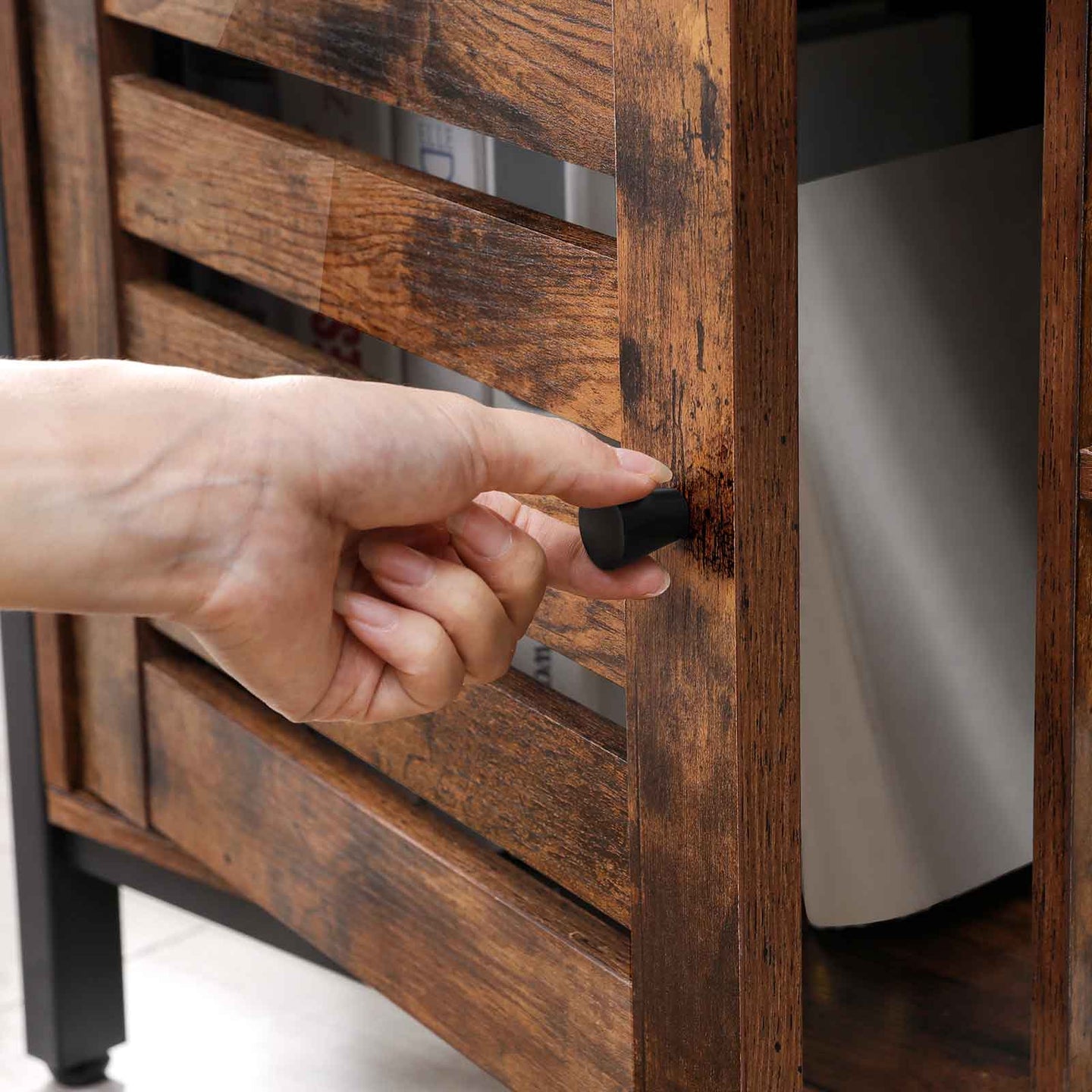 TV Cabinet - Wood - Rustic Brown and Black - Louvred Door with 2 Shelves