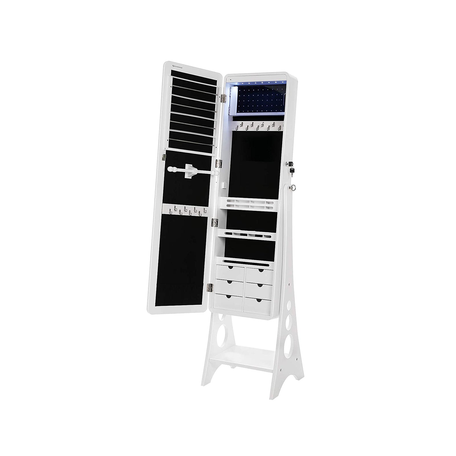 Jewelry Armoire - MDF - White - Lockable with Bevel Edge Mirror and 8 LEDs