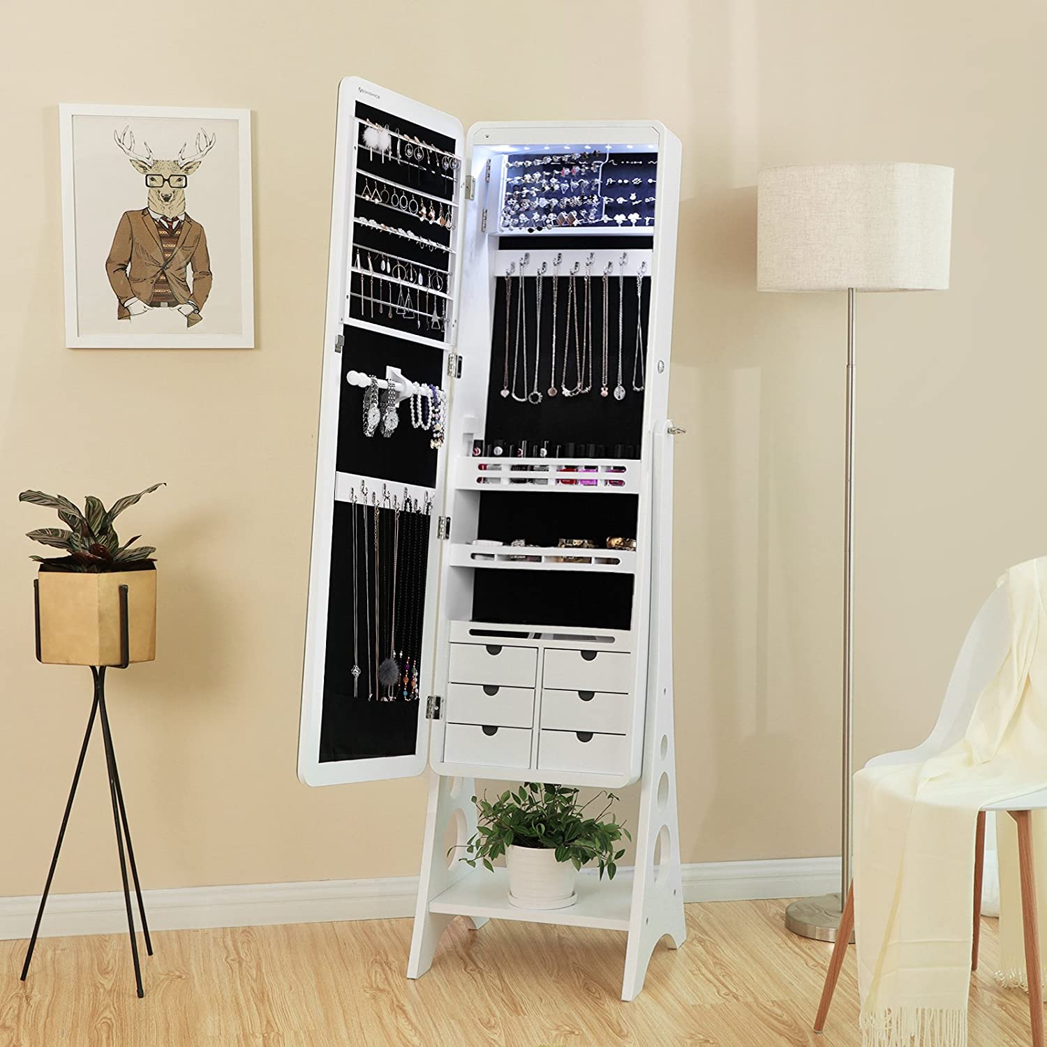 Jewelry Armoire - MDF - White - Lockable with Bevel Edge Mirror and 8 LEDs