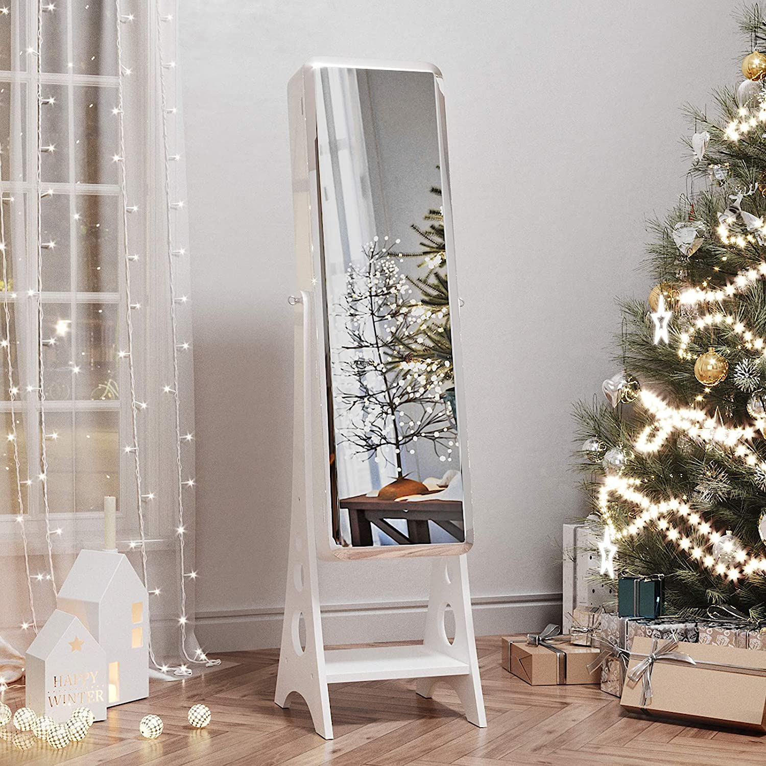 Jewelry Armoire - MDF - White - Lockable with Bevel Edge Mirror and 8 LEDs
