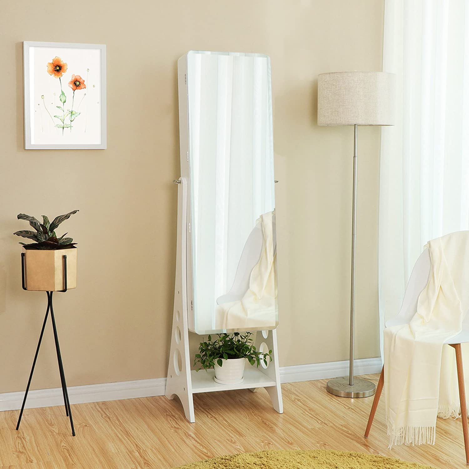 Jewelry Armoire - MDF - White - Lockable with Bevel Edge Mirror and 8 LEDs