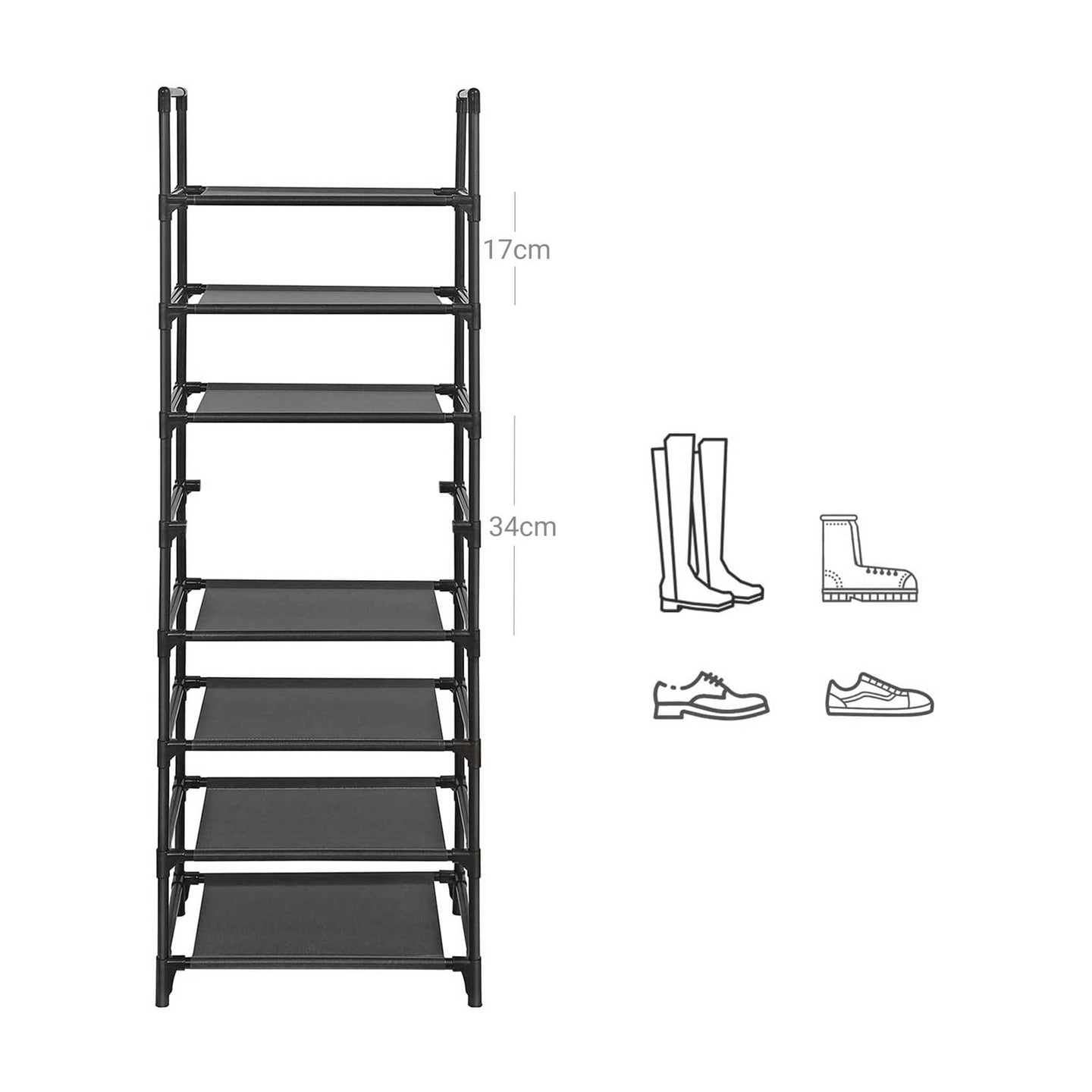 8-Tier Shoe Rack - Iron - Black - Versatile Organizer for 16-20 Pairs