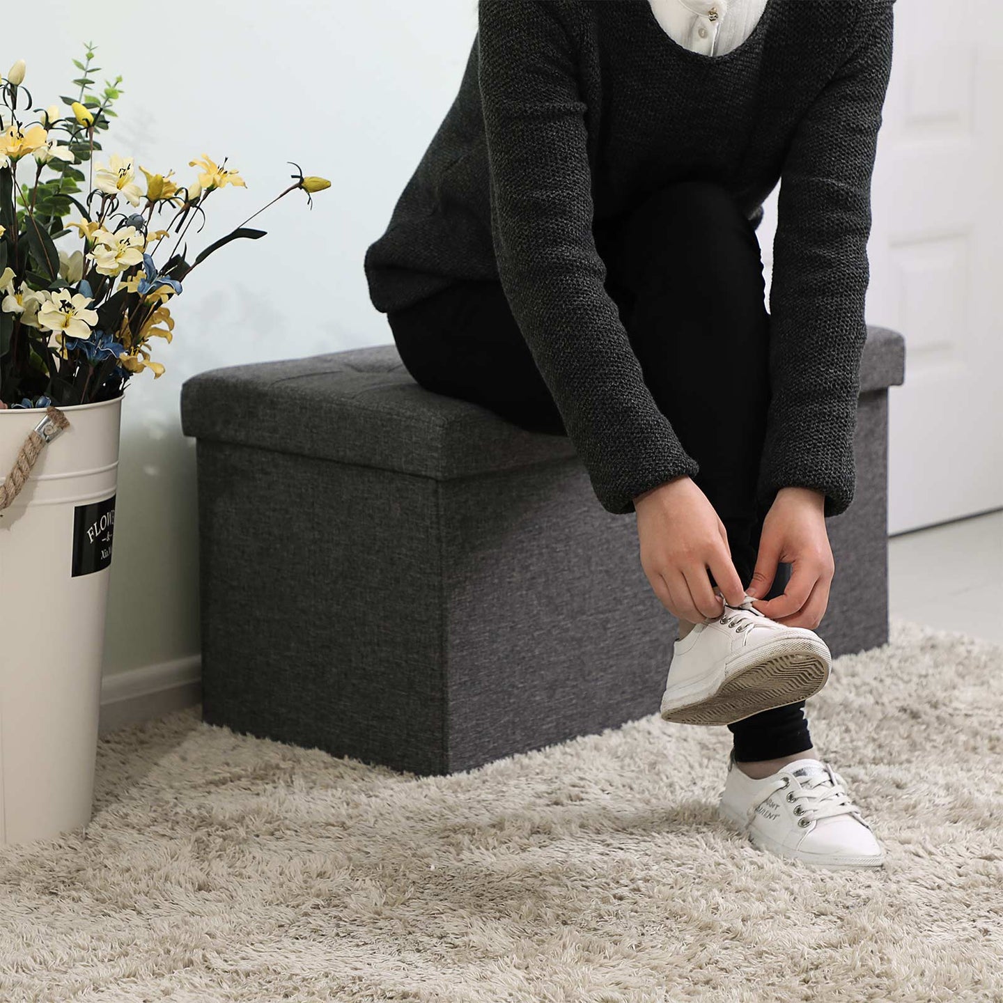 Linen Look Ottoman - Foam - Dark Grey - Folding Design