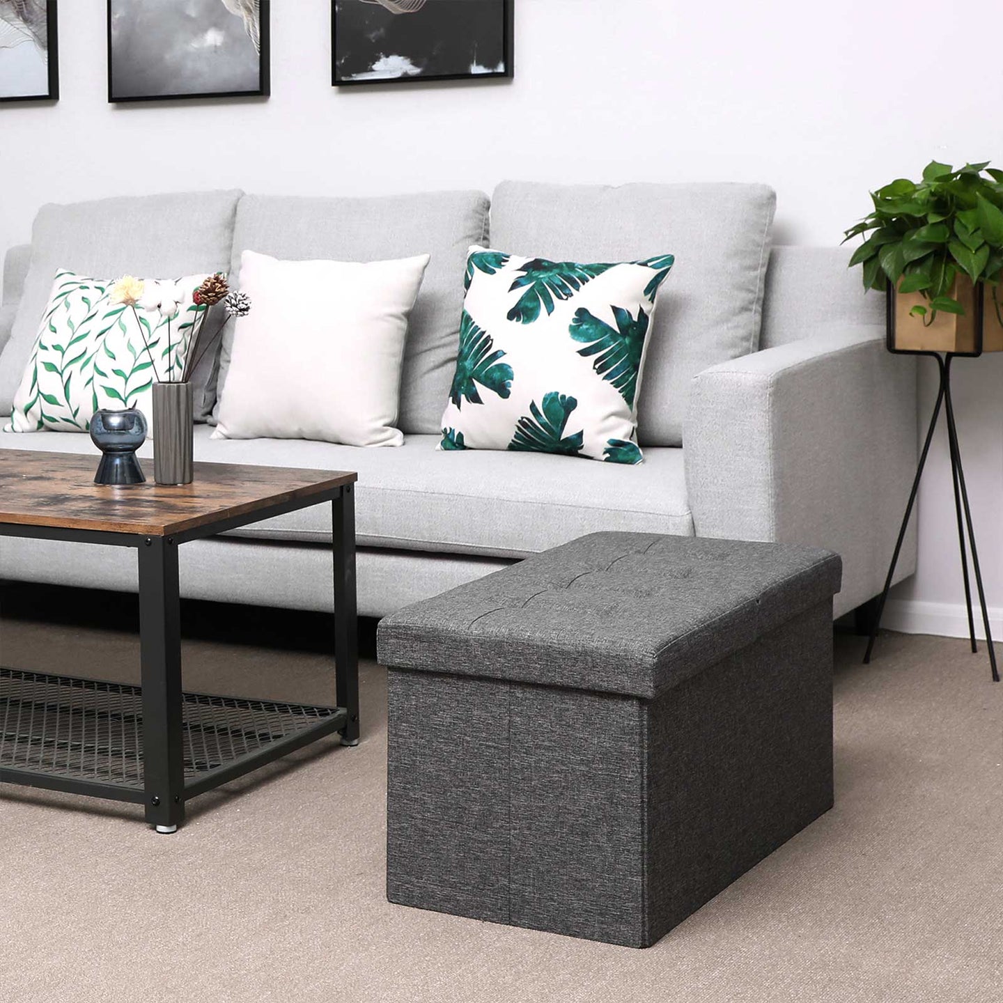Linen Look Ottoman - Foam - Dark Grey - Folding Design
