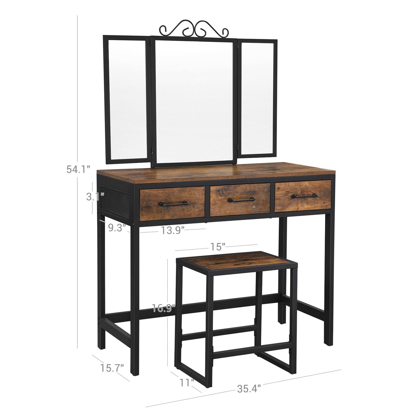 Vanity Table Set - Steel Frame - Rustic Brown and Black - Tri-Fold Mirror