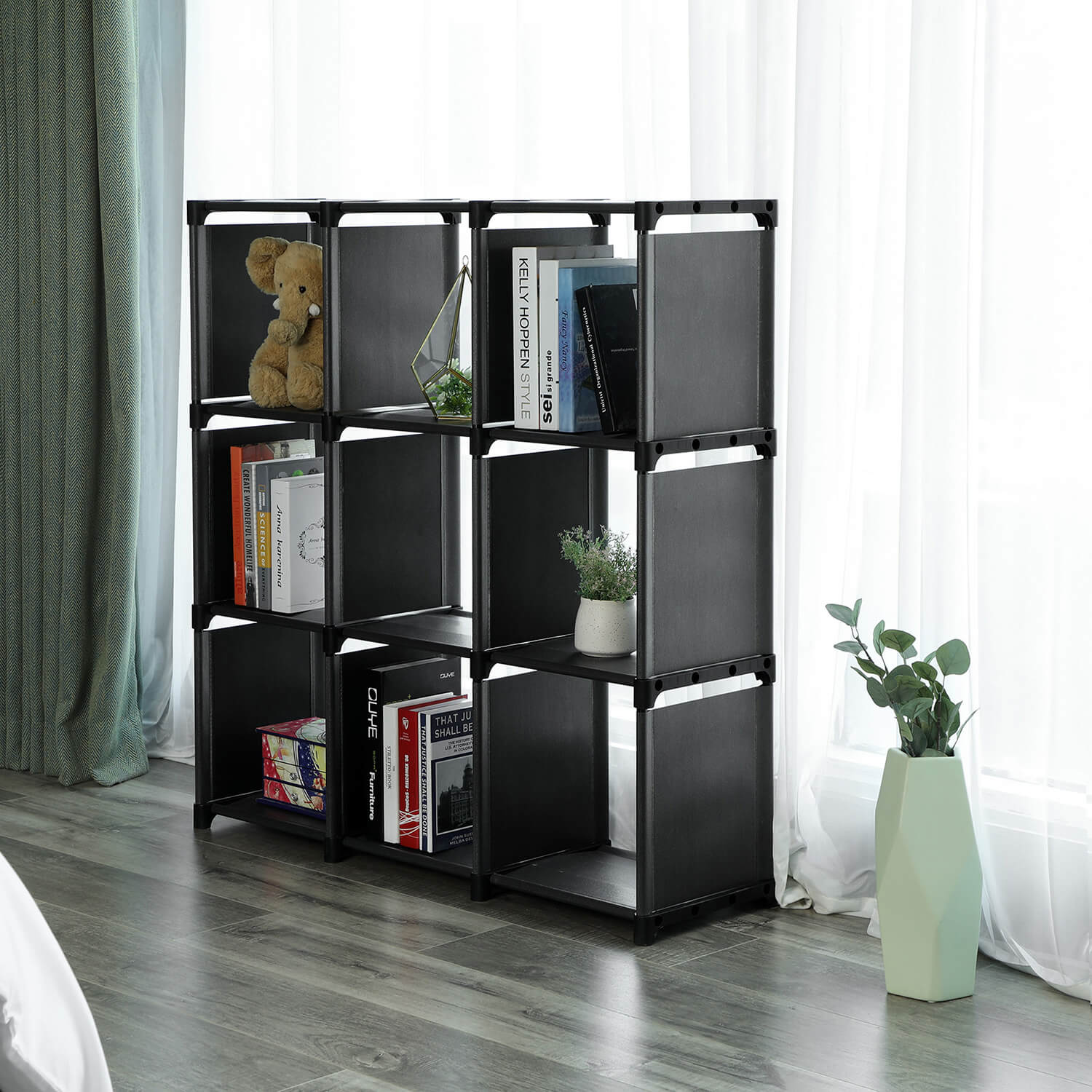 Open Bookcase - Engineered Wood - Black - 9-Cube Design for Versatile Storage