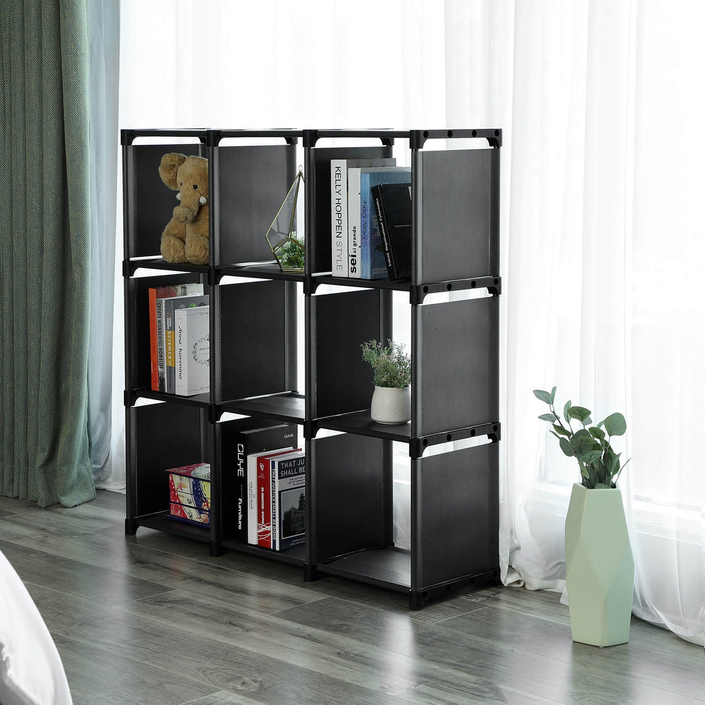 Open Bookcase - Engineered Wood - Black - 9-Cube Design for Versatile Storage