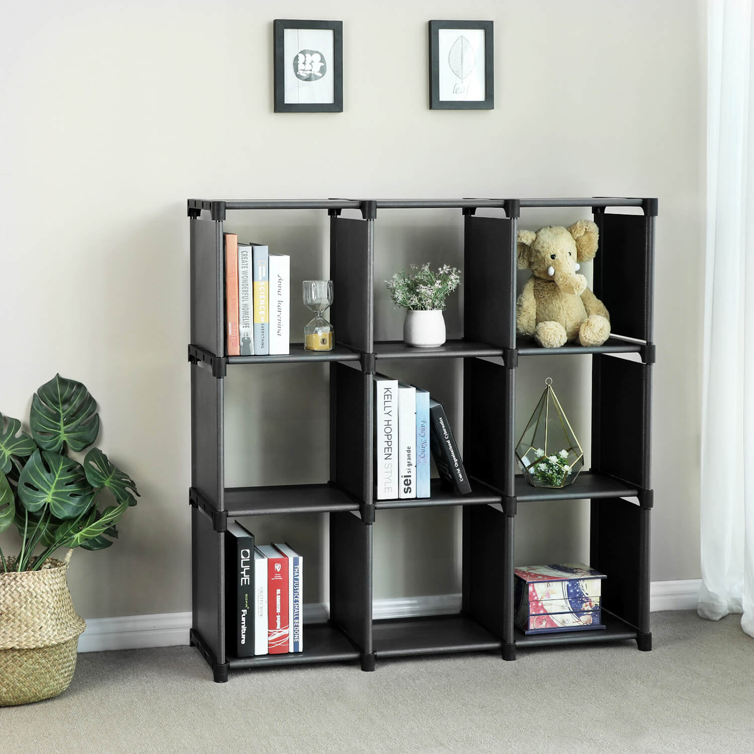 Open Bookcase - Engineered Wood - Black - 9-Cube Design for Versatile Storage