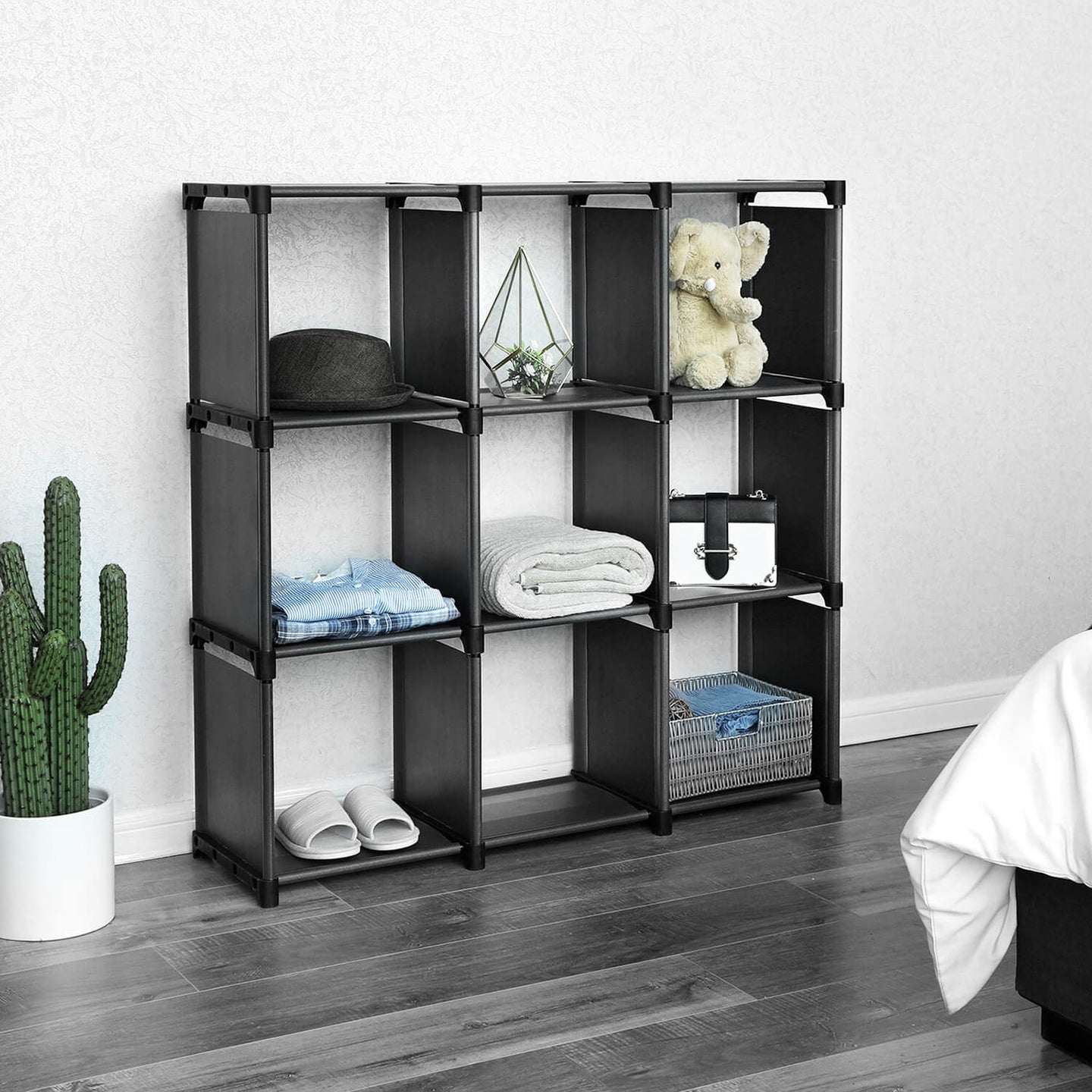 Open Bookcase - Engineered Wood - Black - 9-Cube Design for Versatile Storage