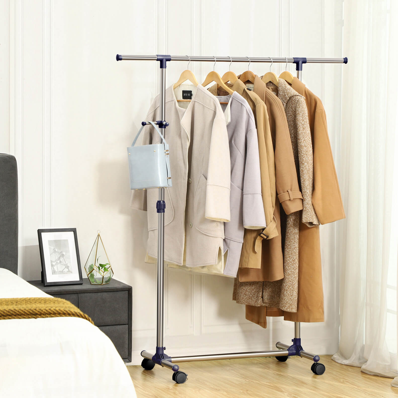 Adjustable Garment Rack - Stainless Steel - Grey - With Wheels and Additional Coat Hook